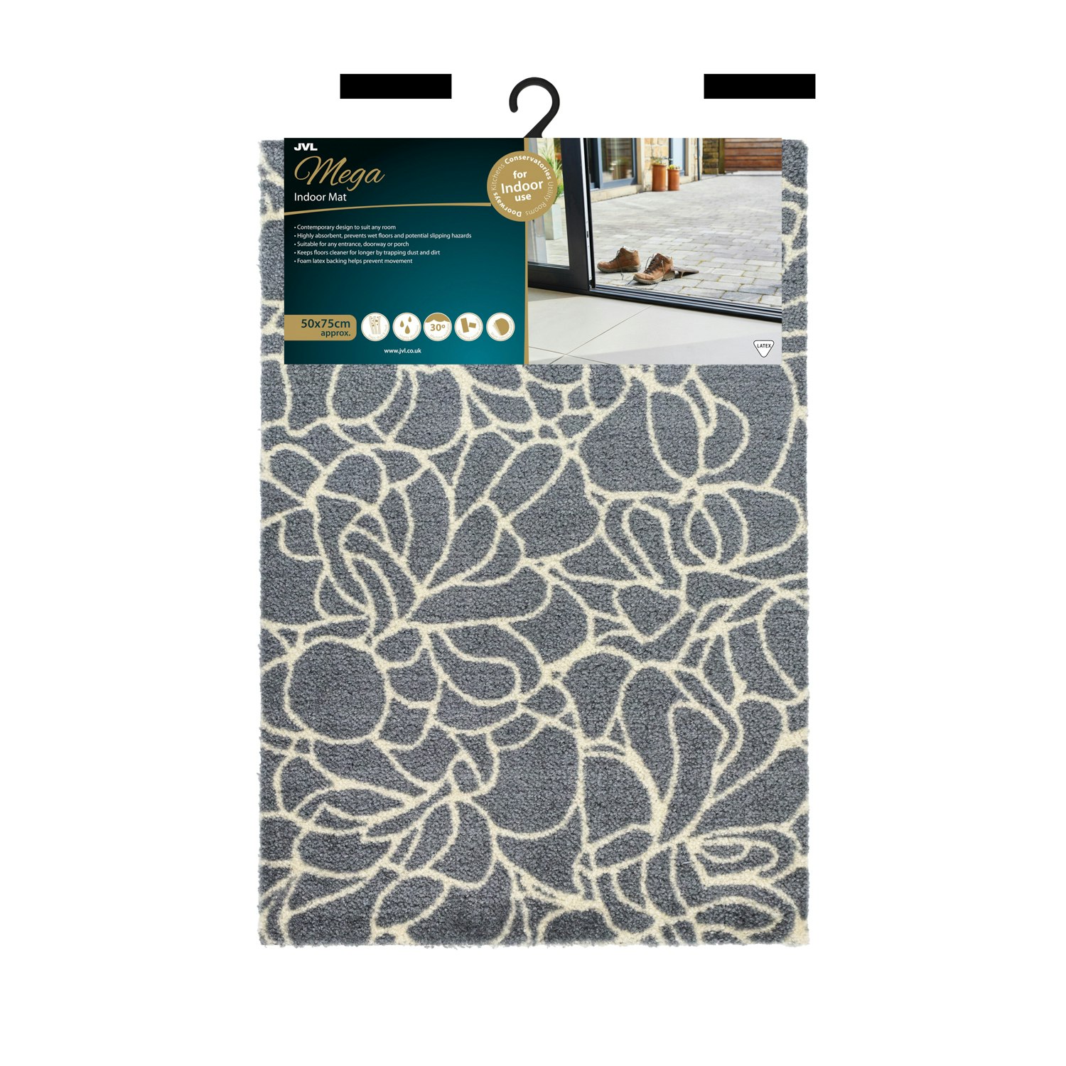 Rackhams Grey Mega Mat Machine Washable Entrance Doormat, 50X75cm, Floral
