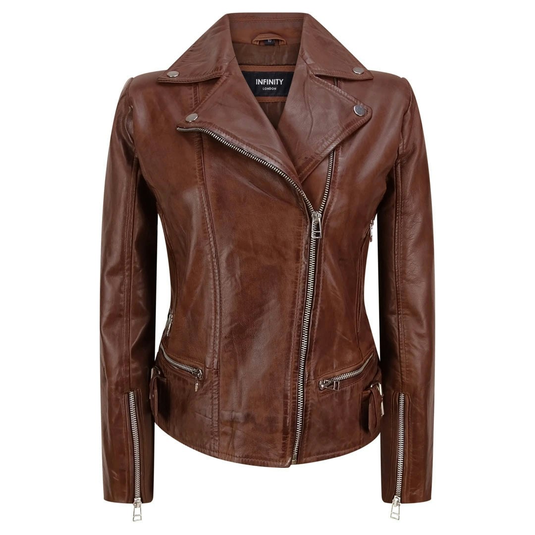 Infinity Leather Women's Black/Brown Leather Company Leather Biker Jacket - Uk 22