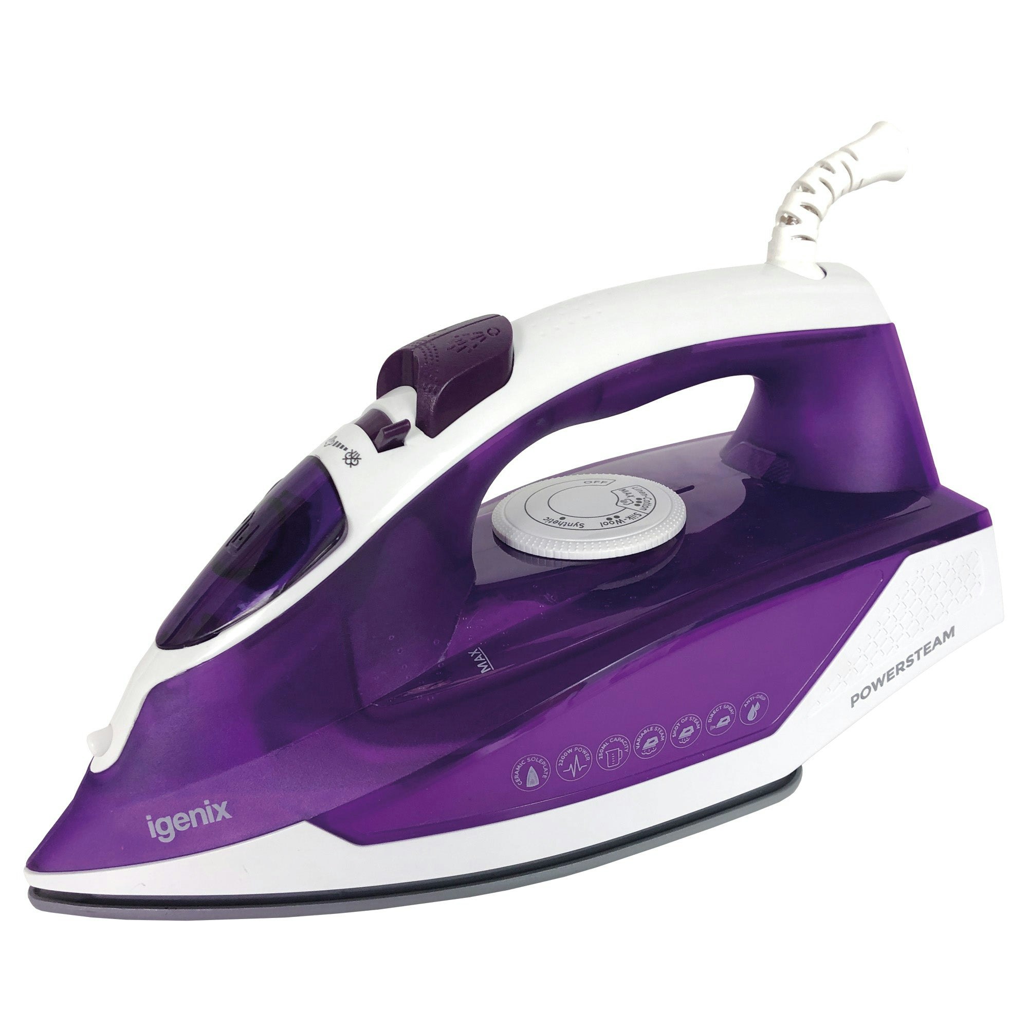 Igenix Purple/White Powersteam Steam Iron, 2200W,