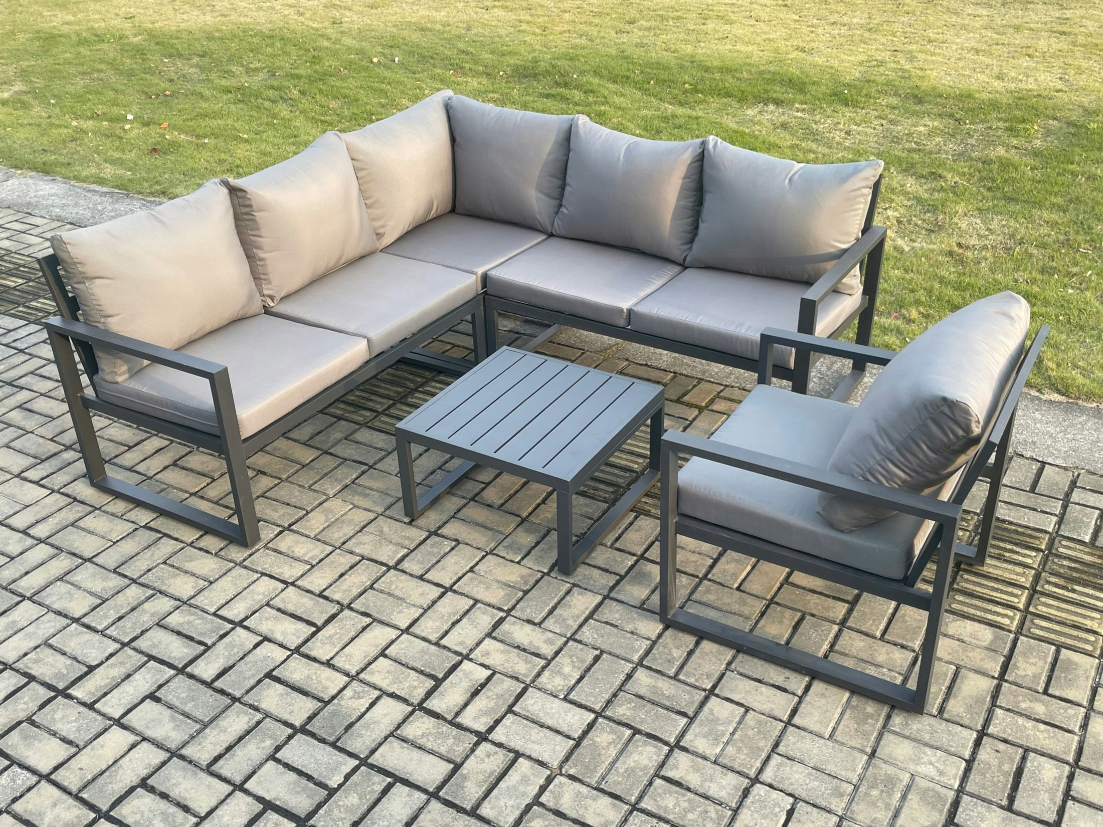 Fimous Dark/Grey Outdoor Garden Furniture Set Aluminium Lounge Sofa Square Coffee Table Sets With Chair Indoor Conservatory Set