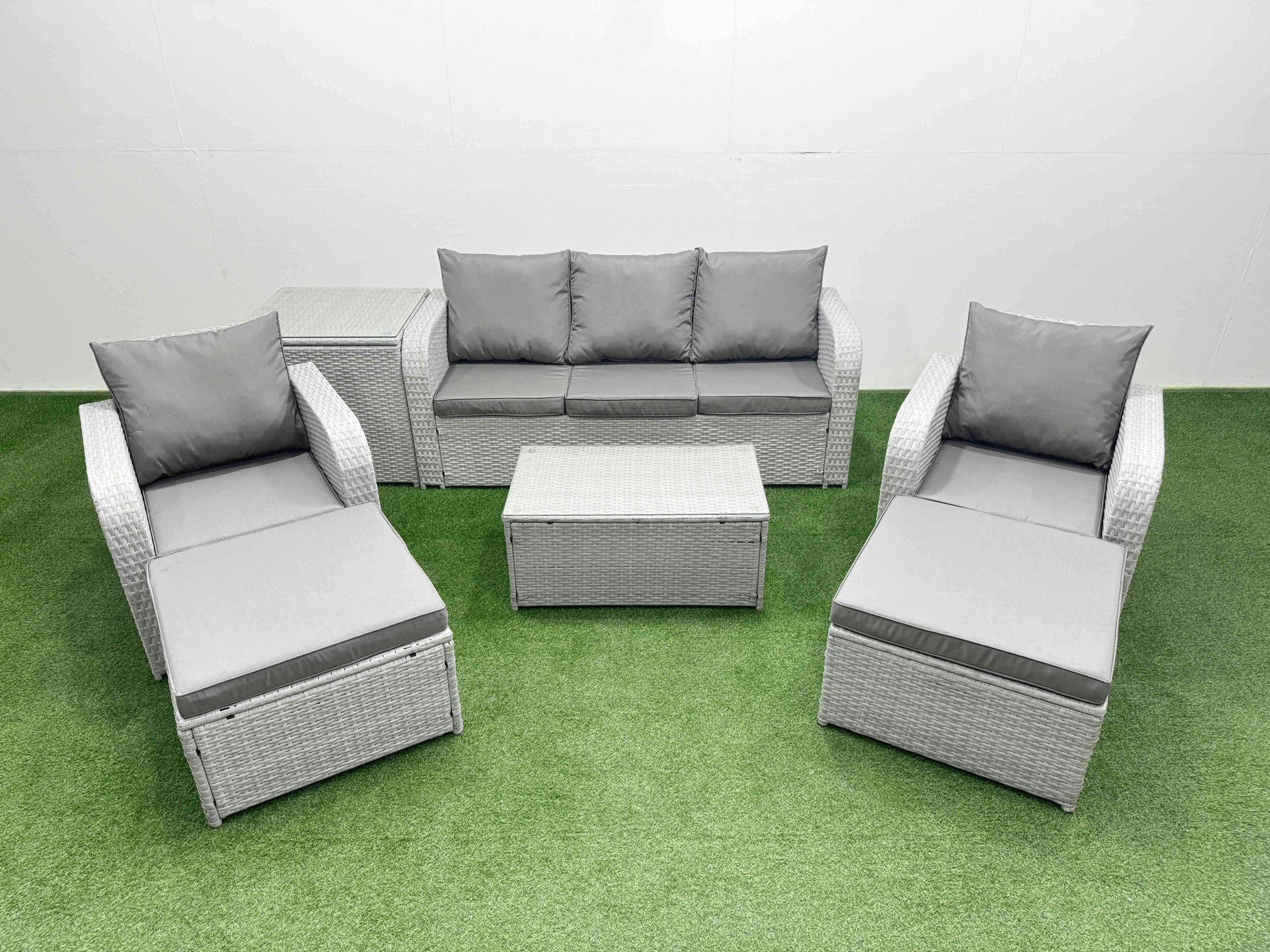 Fimous Light/Grey Pe Rattan Garden Furniture Set Reclining Chair Sofa Lounge Sofa Set Oblong Coffee Table Side Table 2 Big Footstool