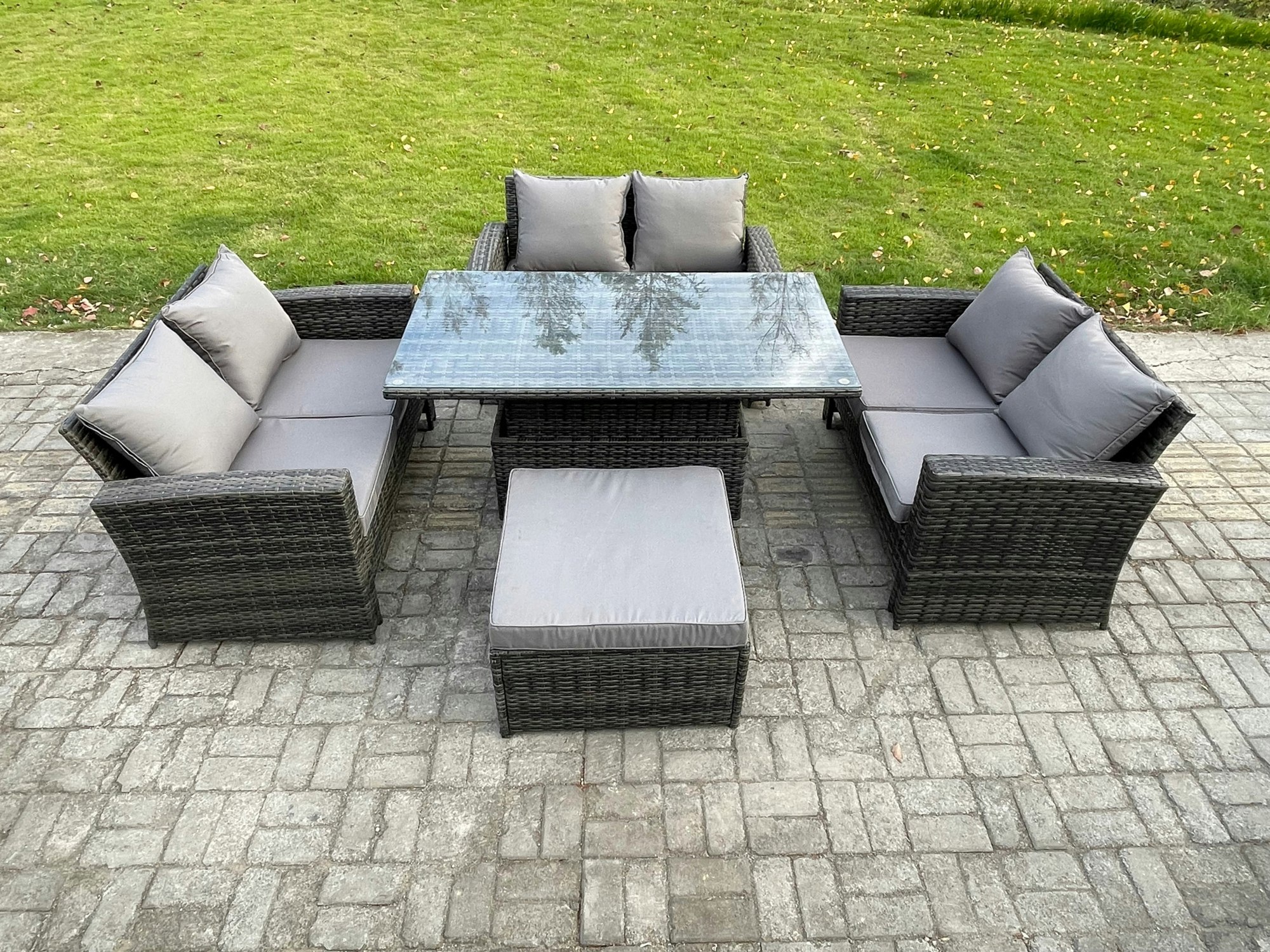 Rackhams Dark/Grey 7 Seater Rattan Wicker Garden Furniture Patio Conservatory Sofa Set With Height Adjustable Rising Lifting Table Double Seat Sofa Big Footstool