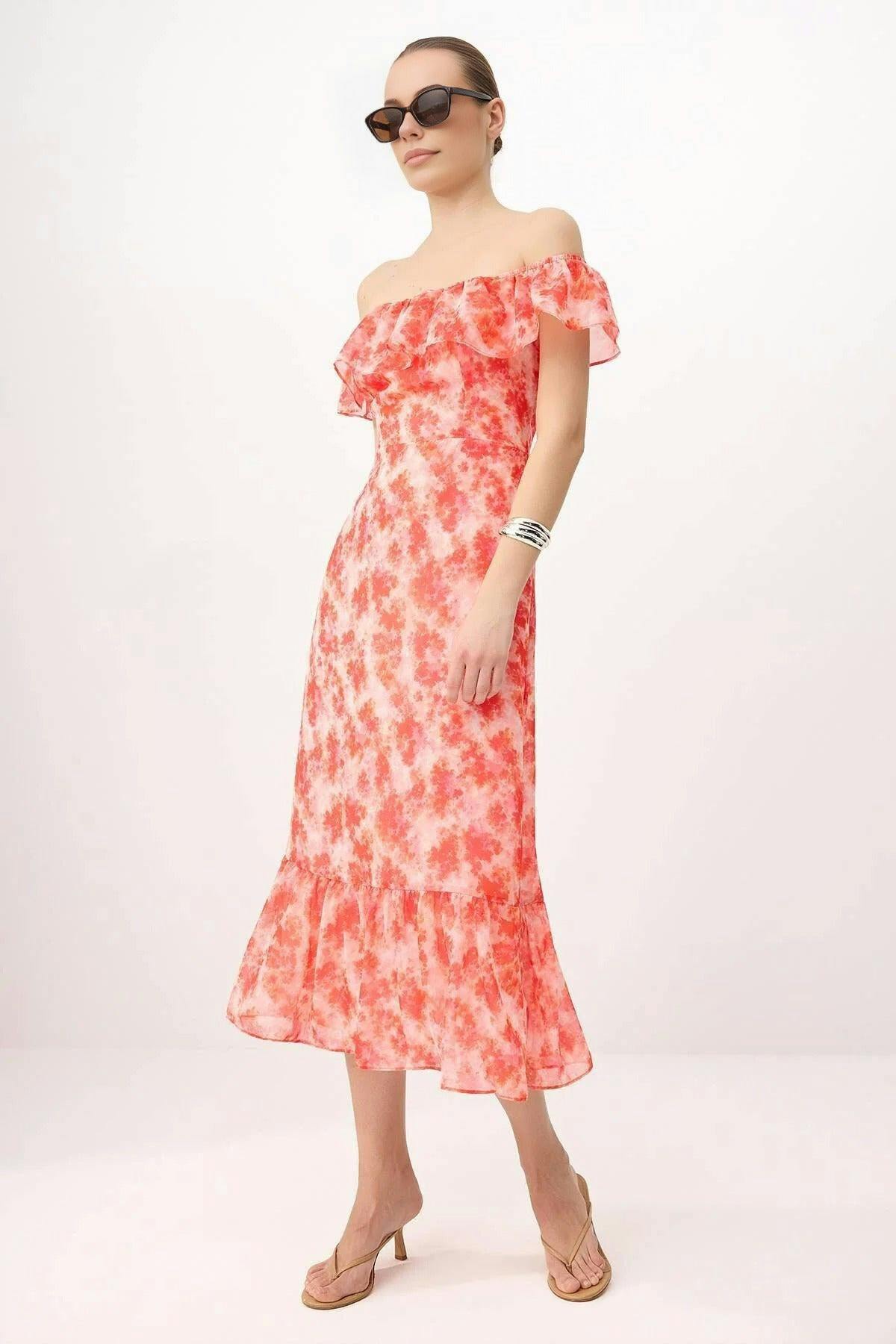 Wovcor Floral Ruffled Chiffon Flowy Woven Midi Dress - Multi - 12