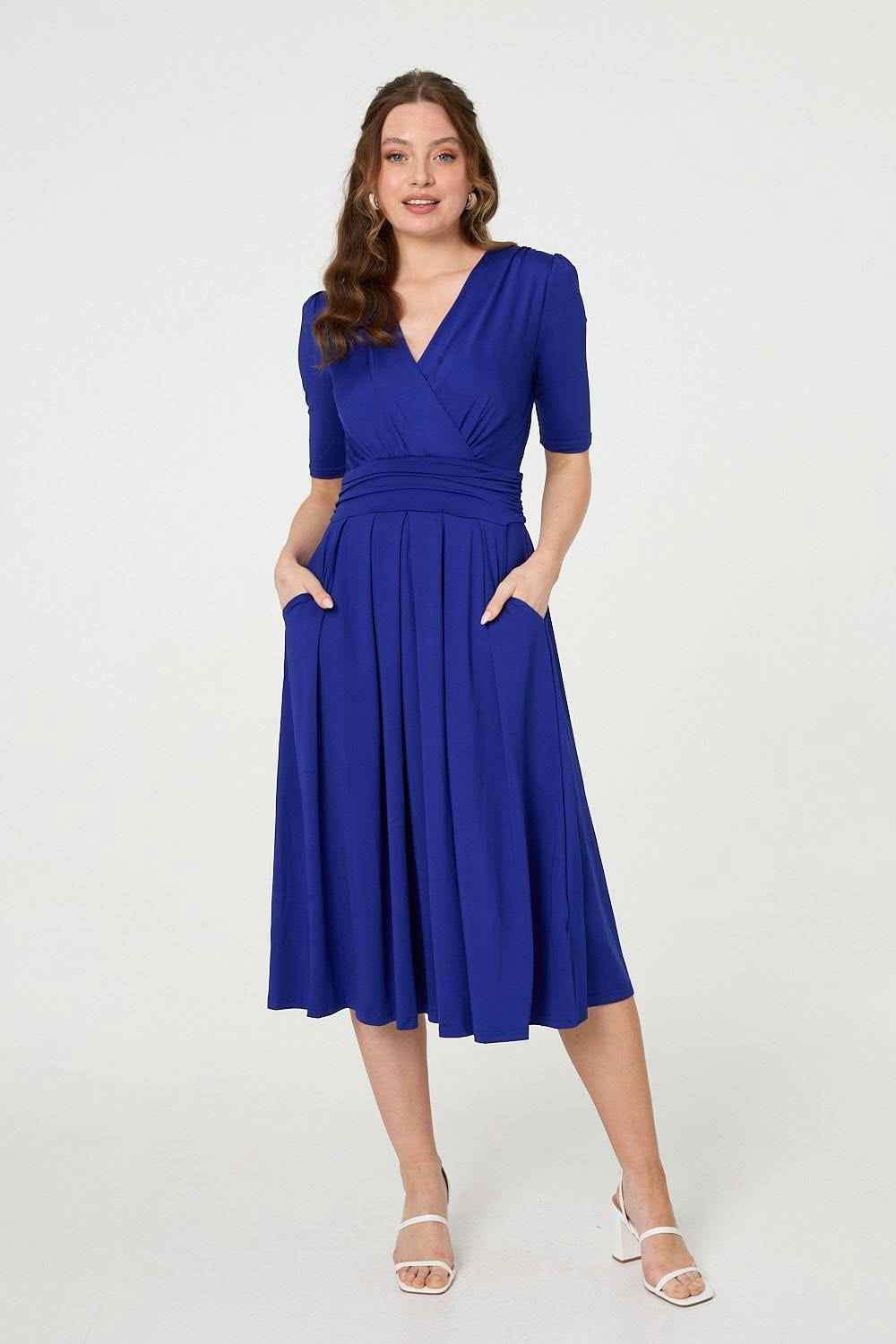 Izabel London Blue Ruched Waist Jersey Wrap Dress - 14