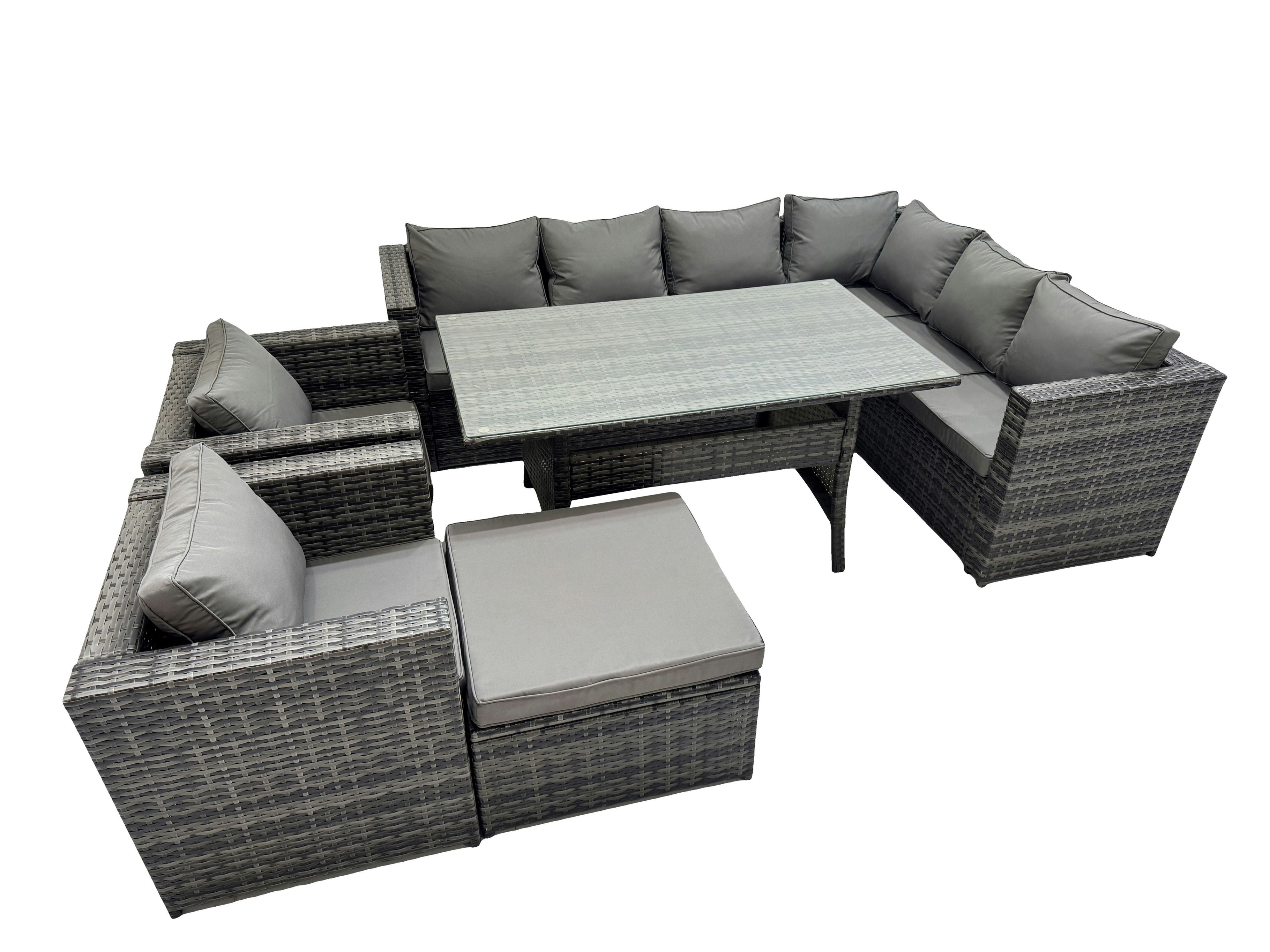 Fimous Dark/Grey Rattan Garden Furniture Set Outdoor 9 Seater Patio Dining Corner Sofa Sets With Dining Table 2 Chairs Big Stool Mixed