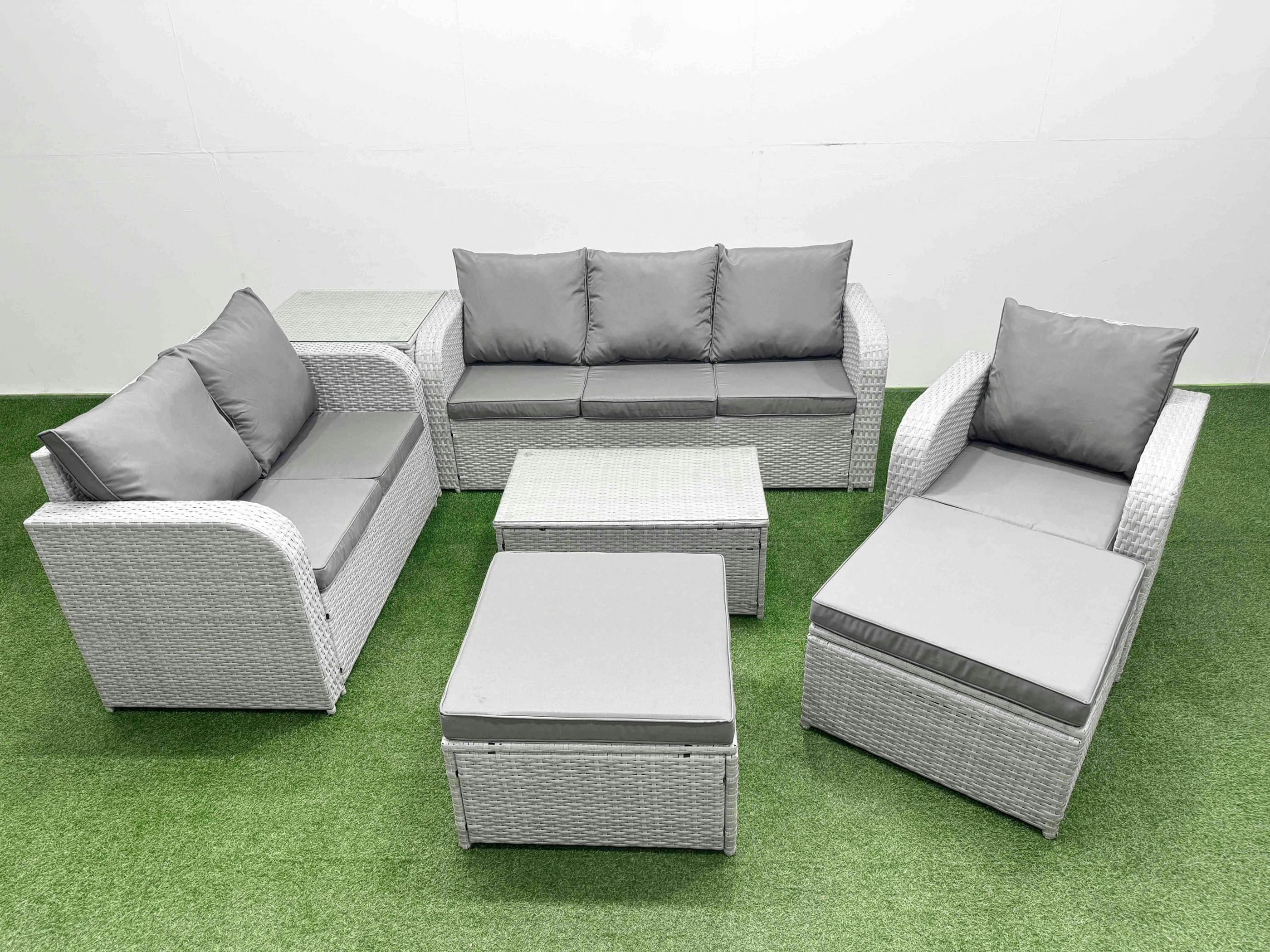 Fimous Light/Grey 8 Seater Garden Furniture Set, Pe Wicker, Coffee Table, Reclining Chair, Loveseat, 3 Seater Sofa, 2 Big Footstools And Side Table,