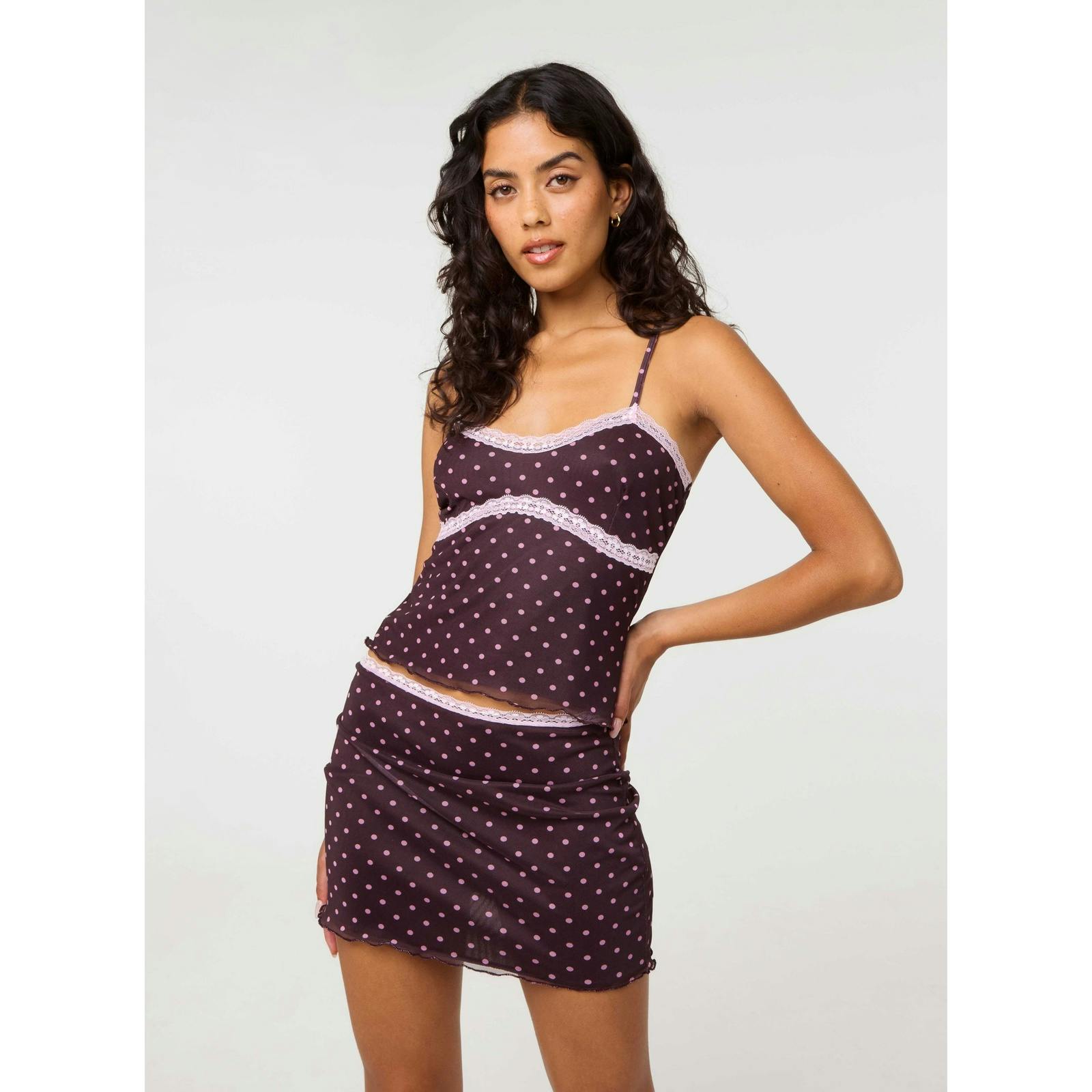 Pink Vanilla Pink/Brown Vanilla Polka Dot Lace Trim Cami - M