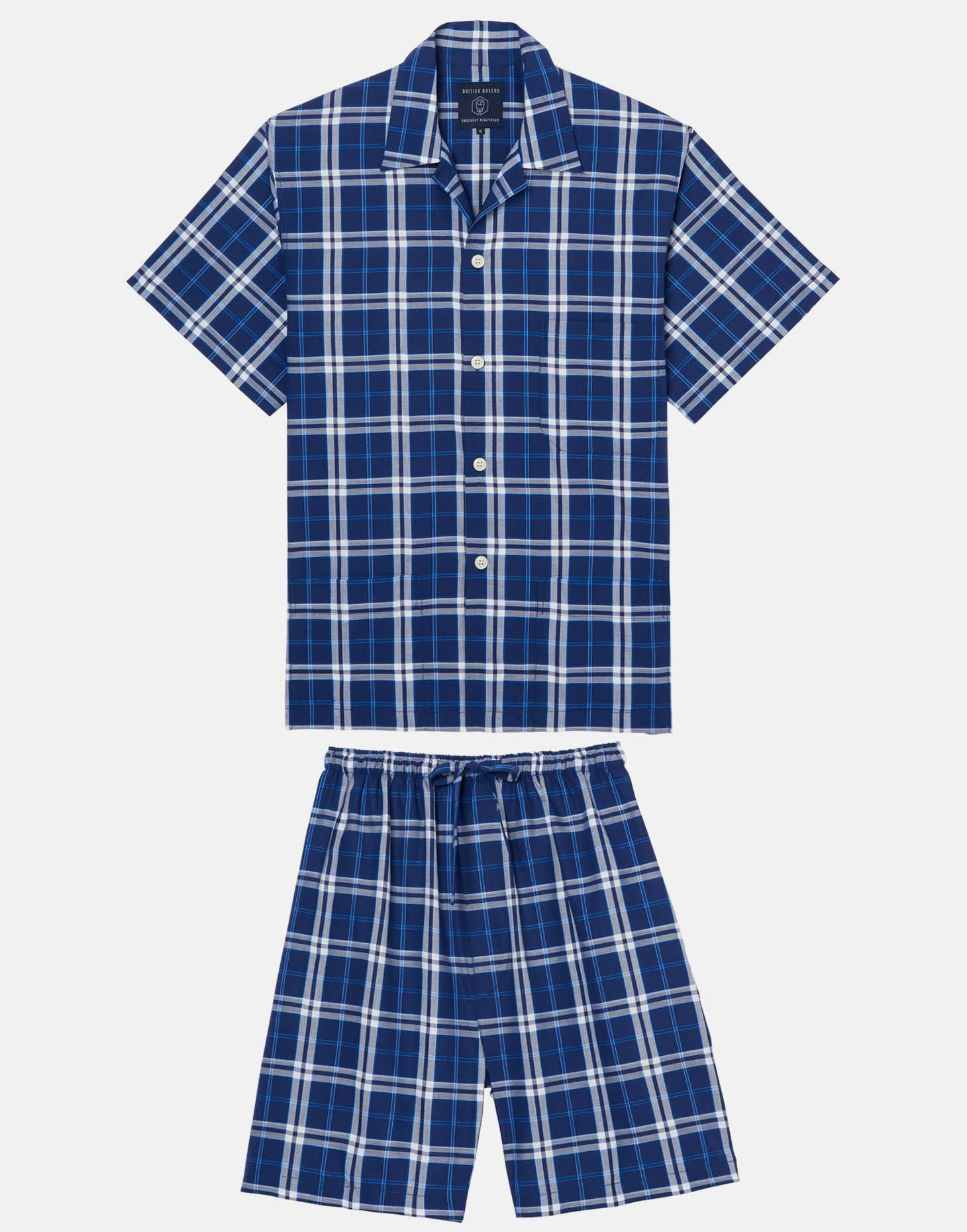 British Boxers Men's Blue Crisp Cotton Short Pyjama Set – Chester On Check - Medium