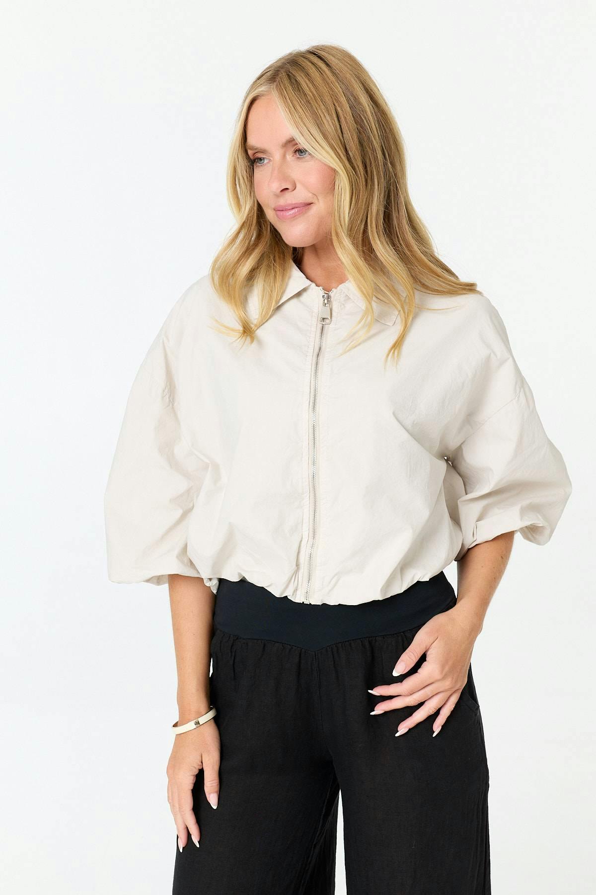 Izabel London Beige Zip Front 3/4 Sleeve Cropped Jacket - Xl