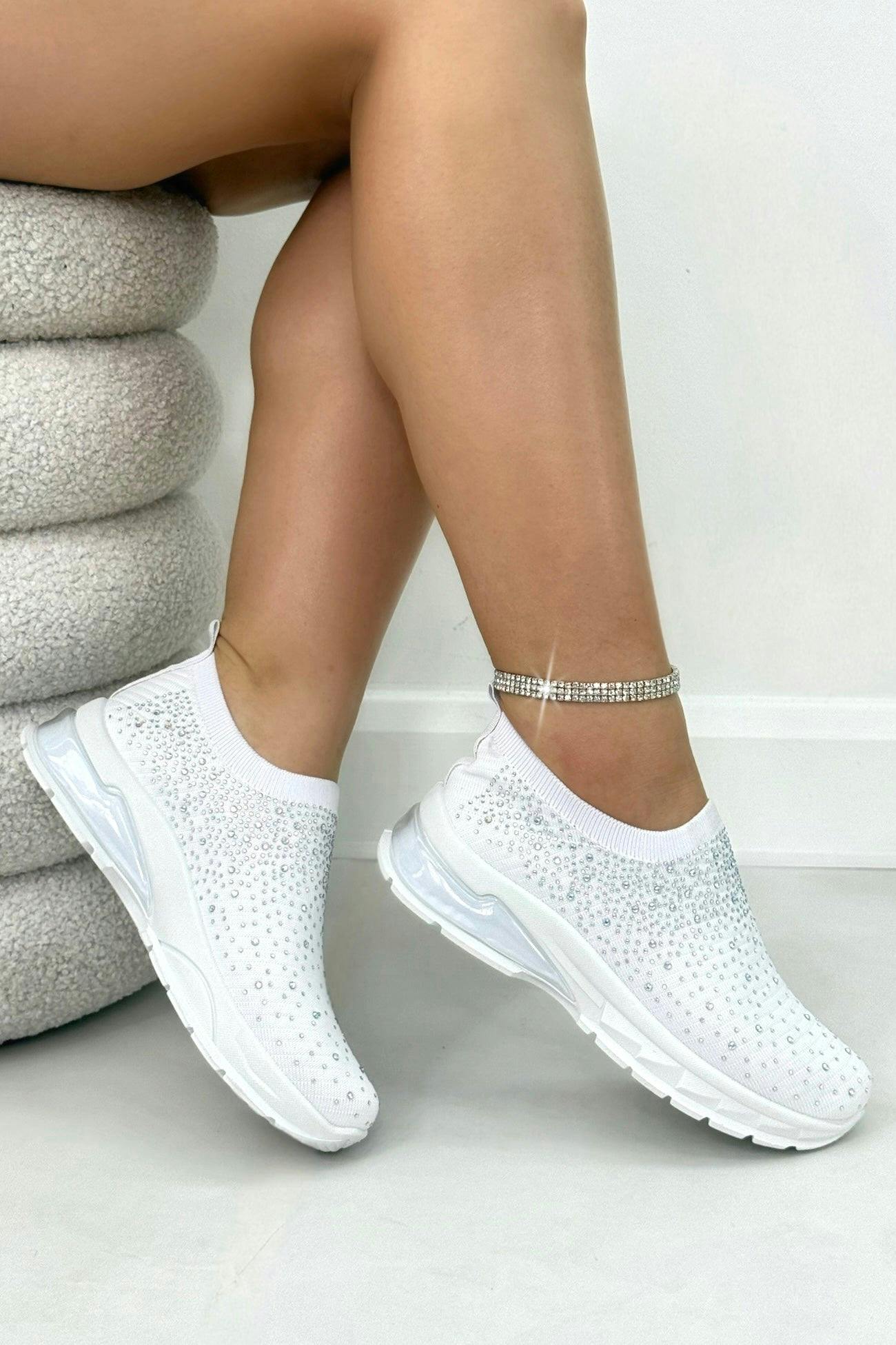 Love Lemonade White Crystal Luminate Stretch Sock Slip On Trainers - Uk 4