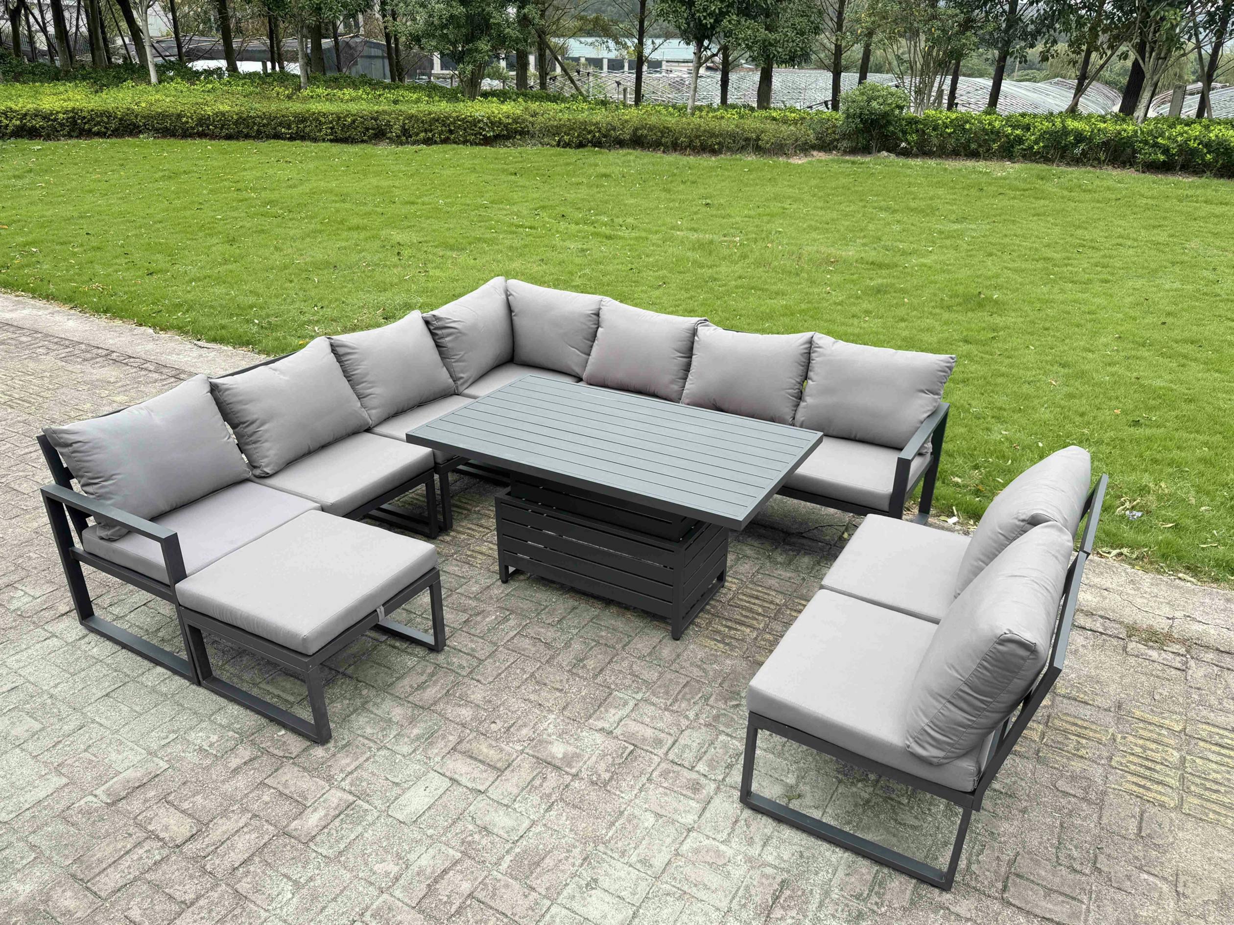 Fimous Grey 9 Seater Aluminium Garden Furniture Set With Adjustable Rising Dining Table, Corner Sofa & Footstool
