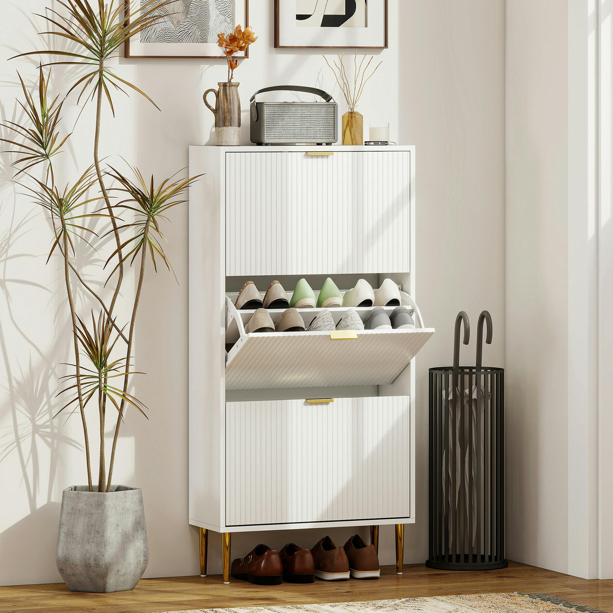 Rackhams Black/White Slim Shoe Storage Cabinet With 2 Flip Drawers For Hallway, - 60W X 24D X 128H Cm