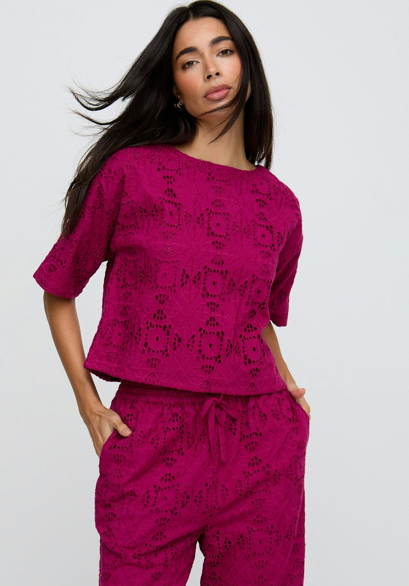 Raffya Pink Opal Broderie Anglaise Split Open Back Blouse In - 12