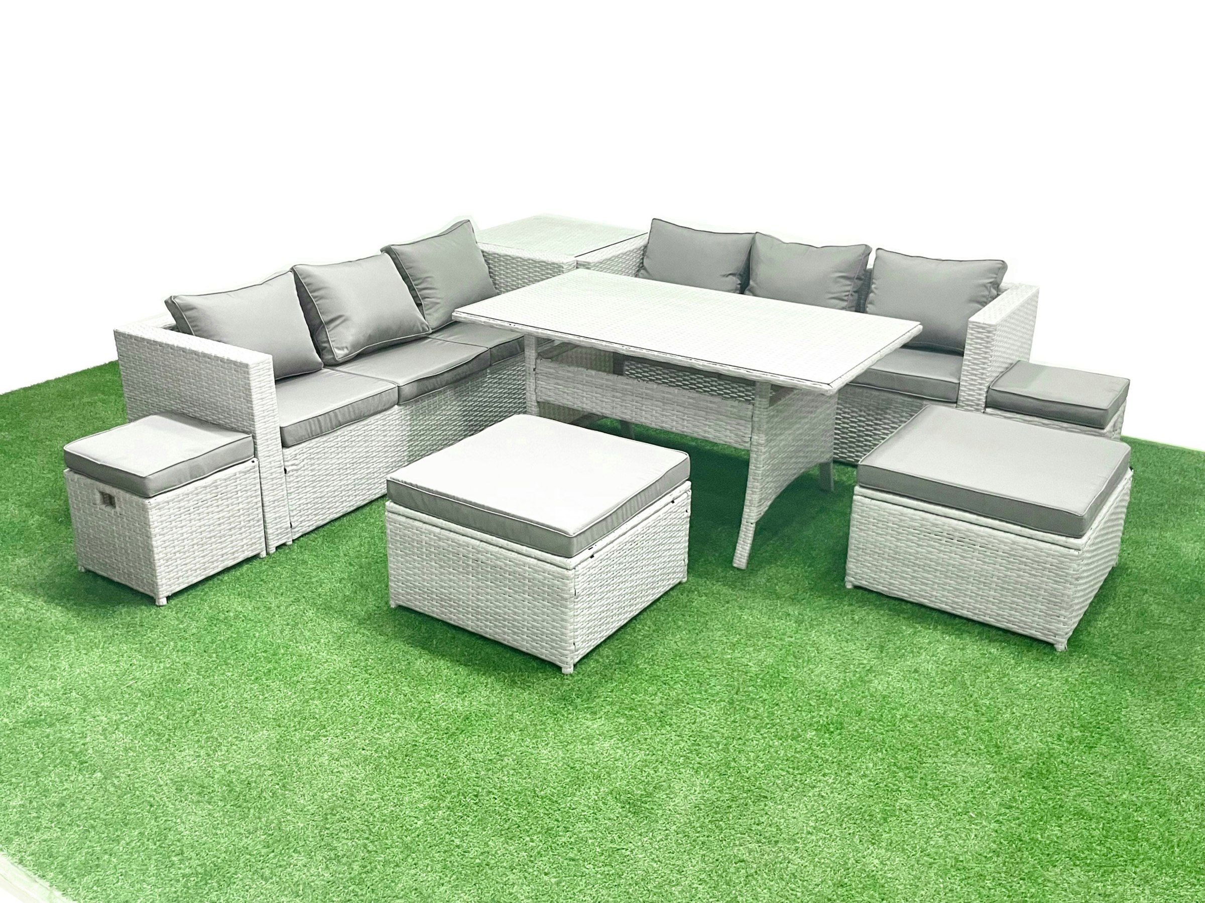 Rackhams Light/Grey Rattan Garden Furniture Set Outdoor 10 Seater Patio Dining Sets With Glass Top Dining Table And Side Table Mixed