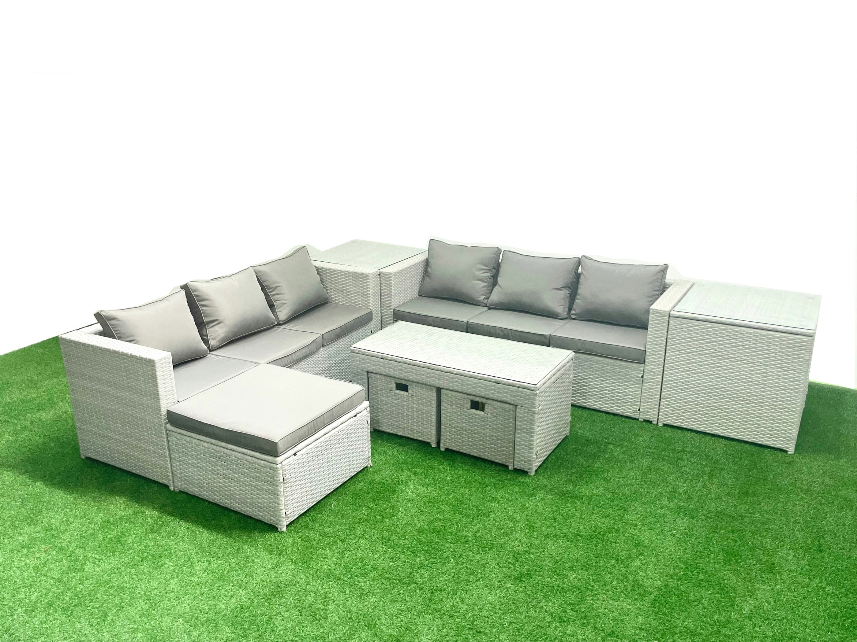Fimous Light/Grey 9 Seater Garden Outdoor Rattan Furniture Set Rattan Garden Sofa Oblong Coffee Table With 3 Footstools 2 Side Tables Mixed