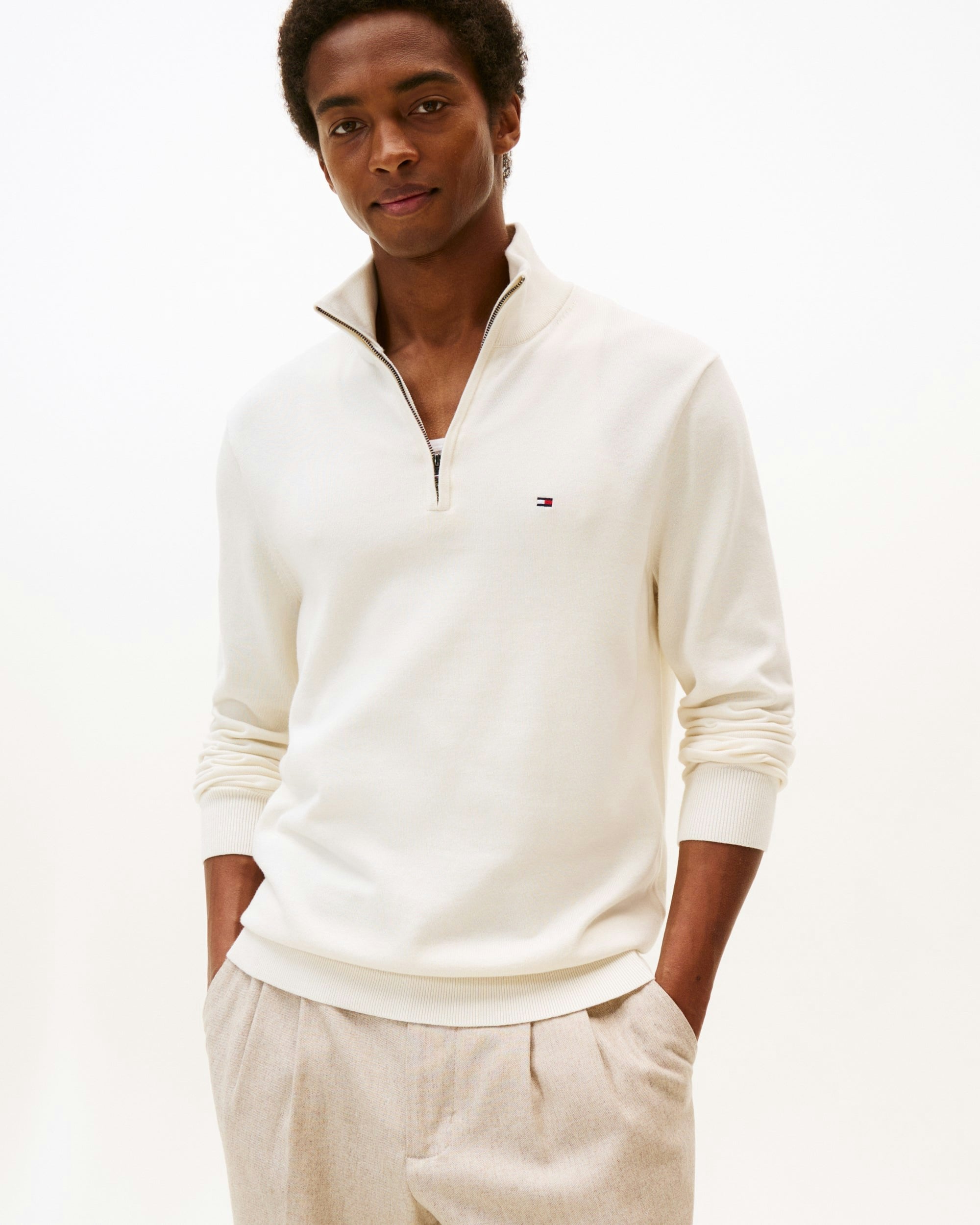 Tommy Hilfiger Men's Ivory Essential Cotton 1/4 Zip Mock Sweatshirt - Petal - Petal - M