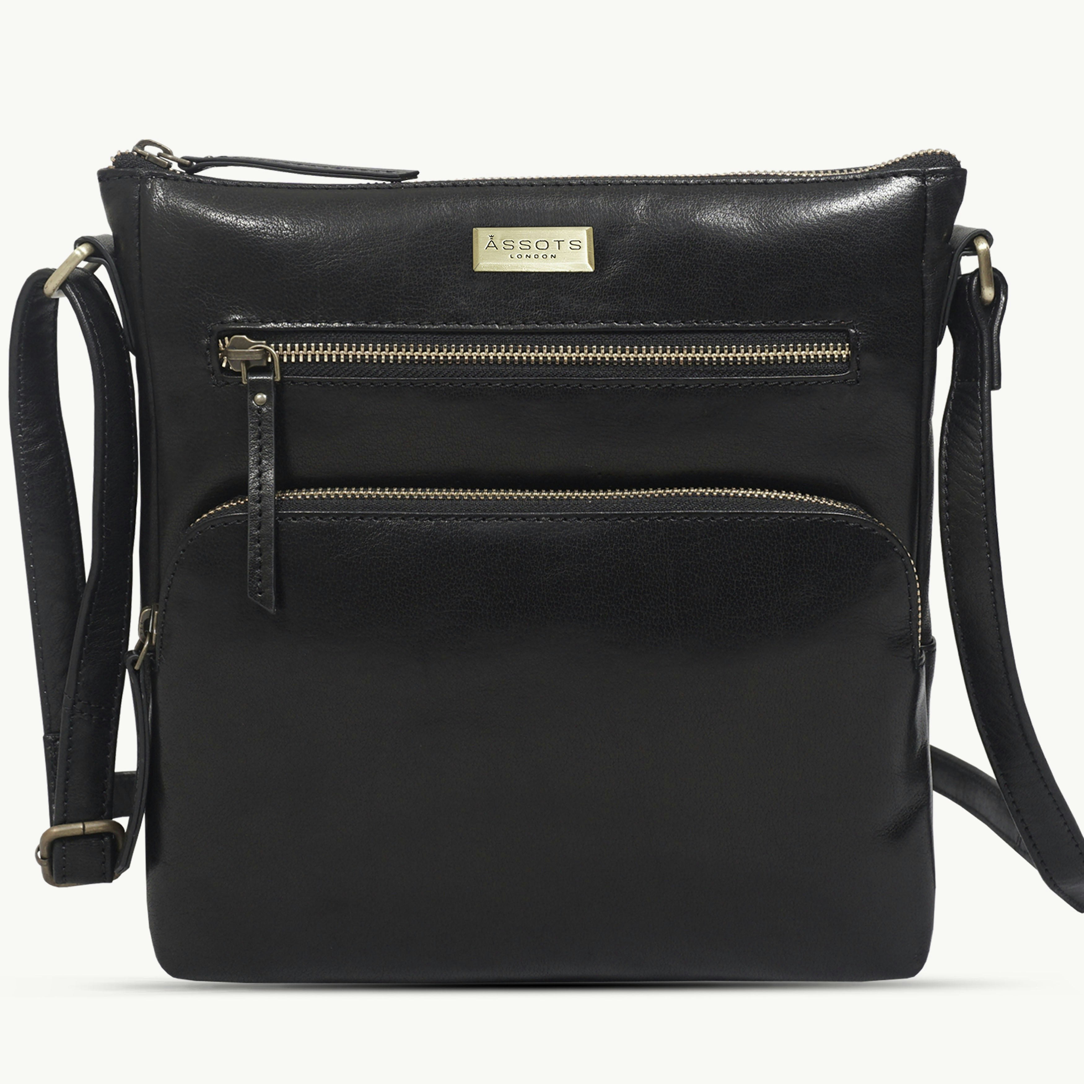 Assots London Black 'Agatha' Vintage Polished Vt Real Leather Crossbody Bag 245Cm