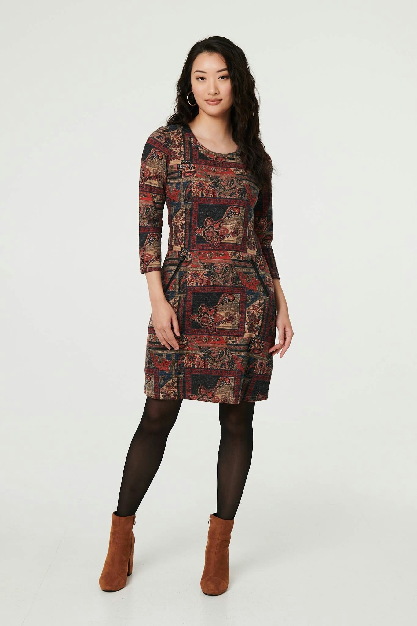 Izabel London Black Patchwork Print 3/4 Sleeve Short Dress - 10