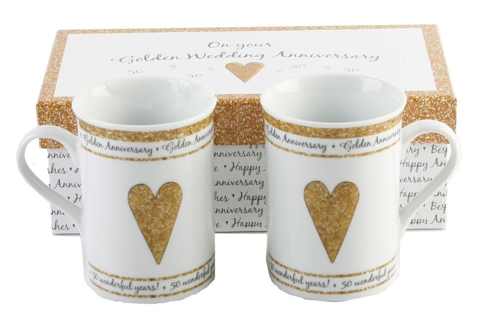 Happy Homewares Golden Beautifully Designed 50Th Anniversary Mug Set With Matching Gift Box