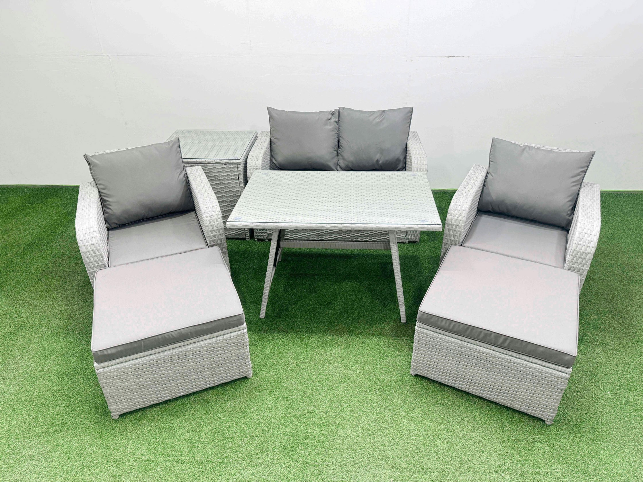 Fimous Light/Grey Pe Wicker Rattan Garden Furniture Set Sofa Set Reclining Chair Love Sofa Rectangular Dining Table 2 Big Stools Side Table