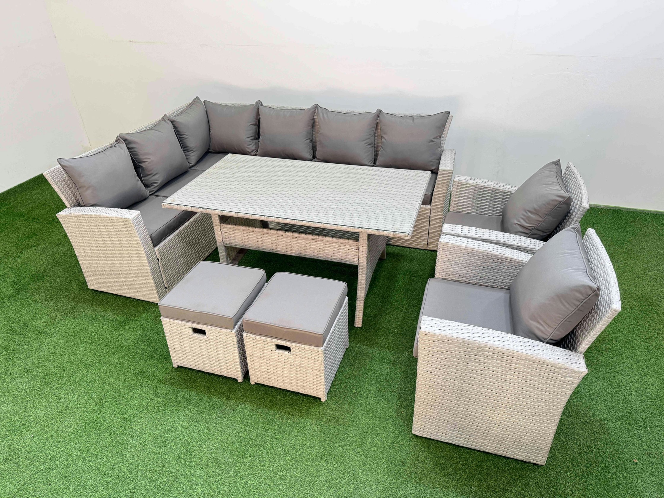 Rackhams Light/Grey 10 Seater Rattan Garden Furniture Set Outdoor Patio Dining Corner Sofa Sets With Dining Table 2 Chairs 2 Small Footstool Mixed