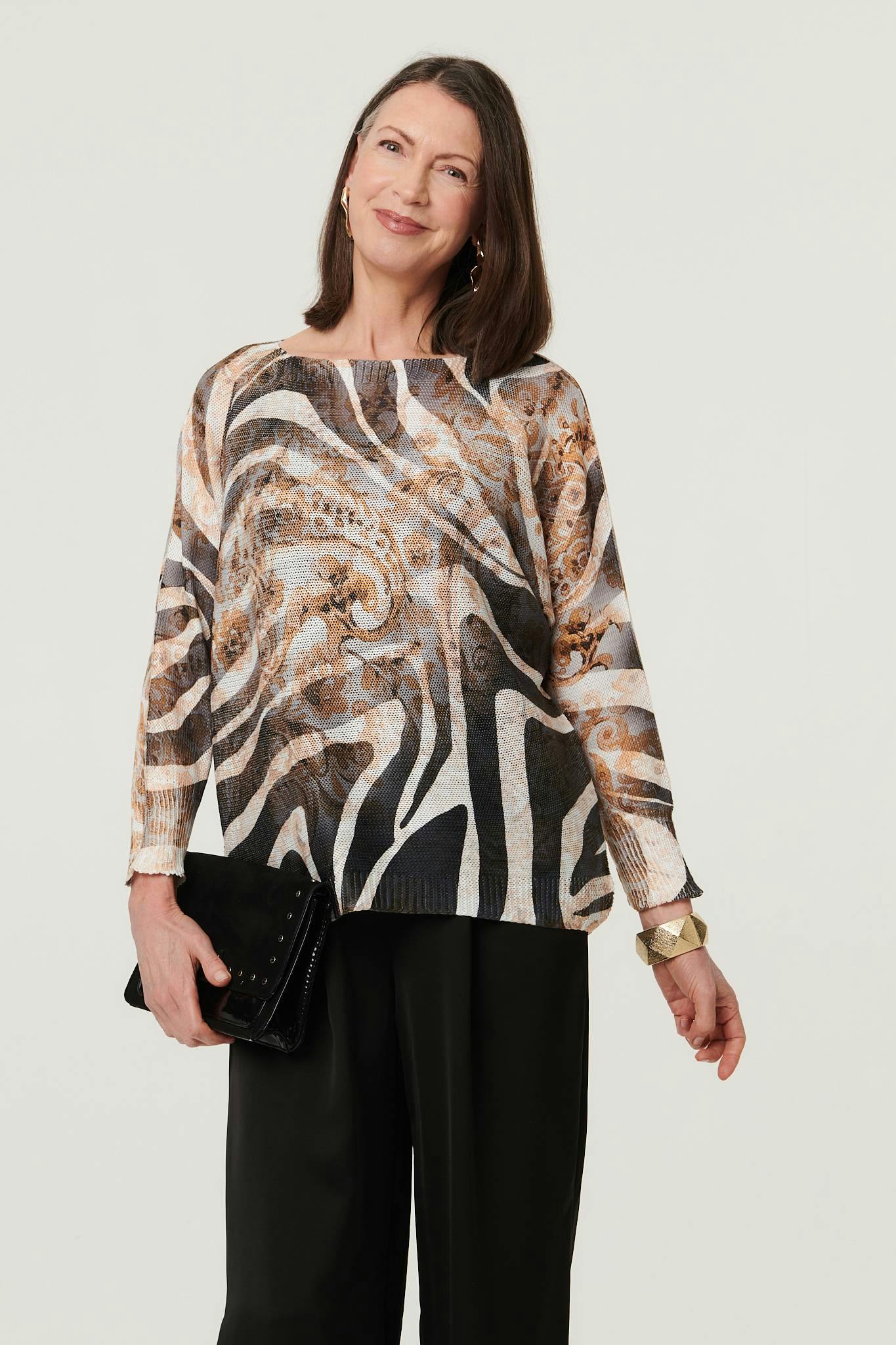Izabel London Brown Printed Mesh Textured Long Sleeve Top - S