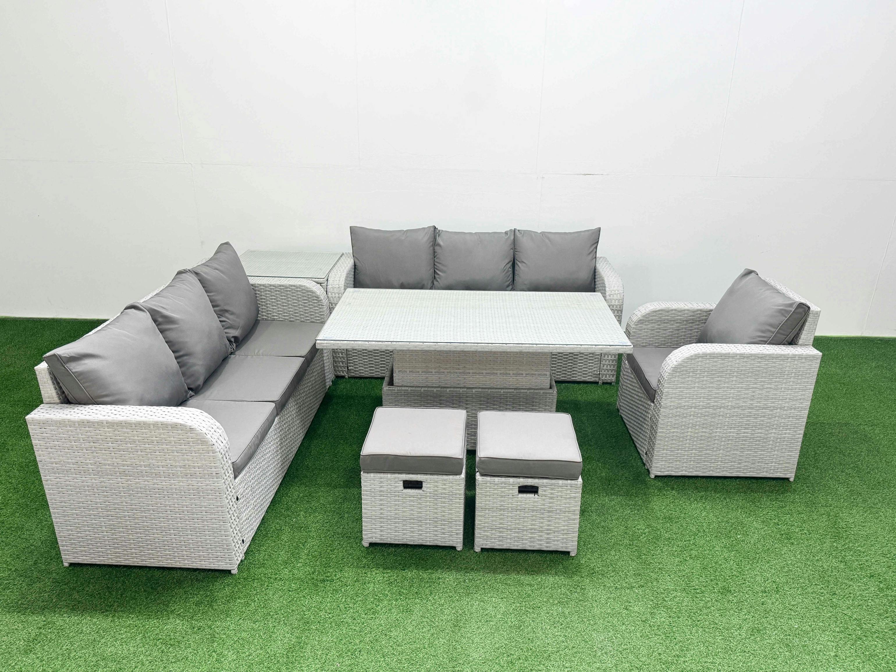 Fimous Light/Grey 9 Seater Poly Rattan Garden Furniture Patio Set, Adj Height Table, 2X 3 Seater Sofas, Reclining Chair, Stools, Side Table,