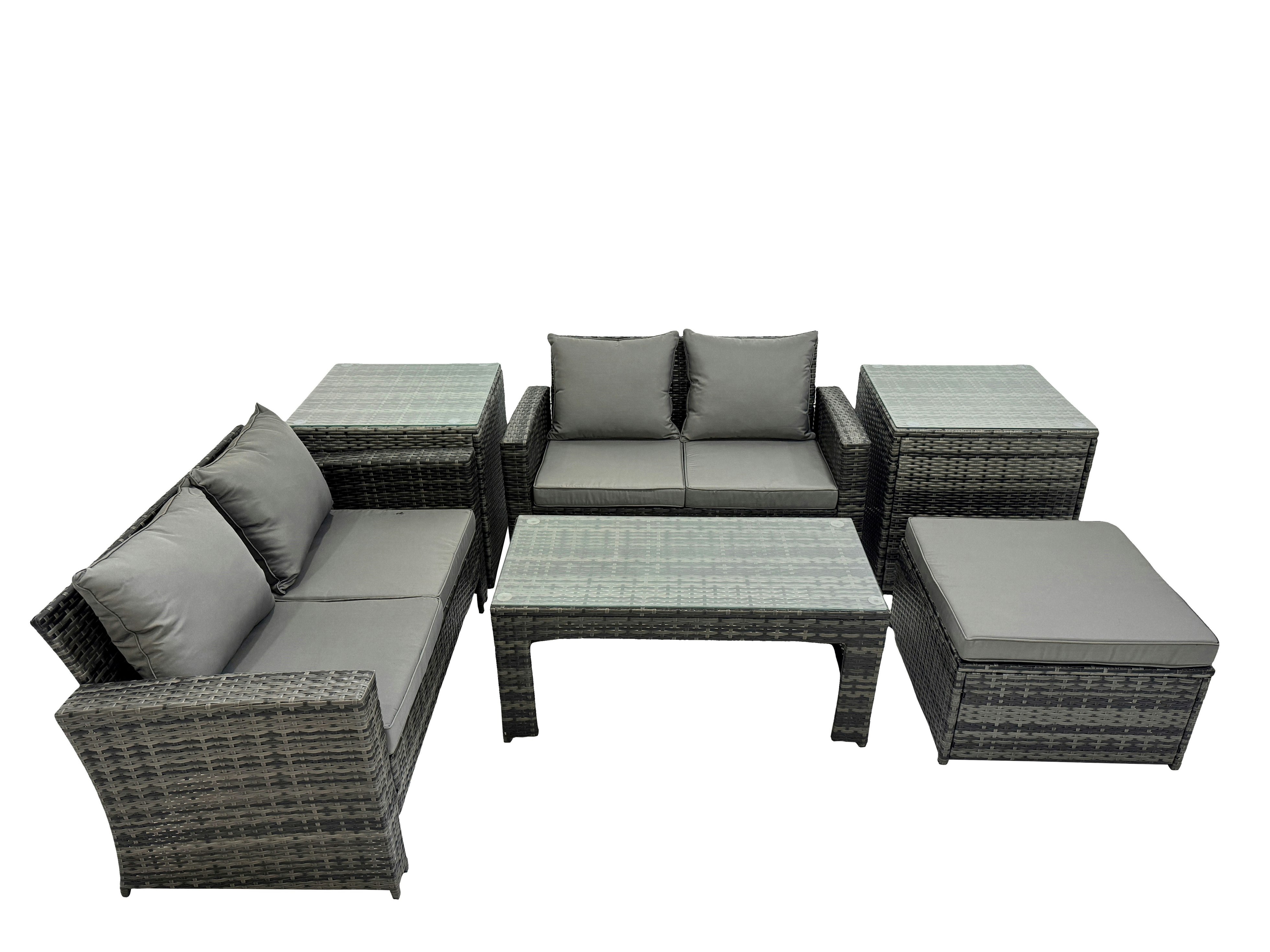 Rackhams Dark/Grey Outdoor Love Sofa Set 5 Seat Rattan Garden Furniture Set With Oblong Coffee Table Big Footstool 2 Side Table Mixed