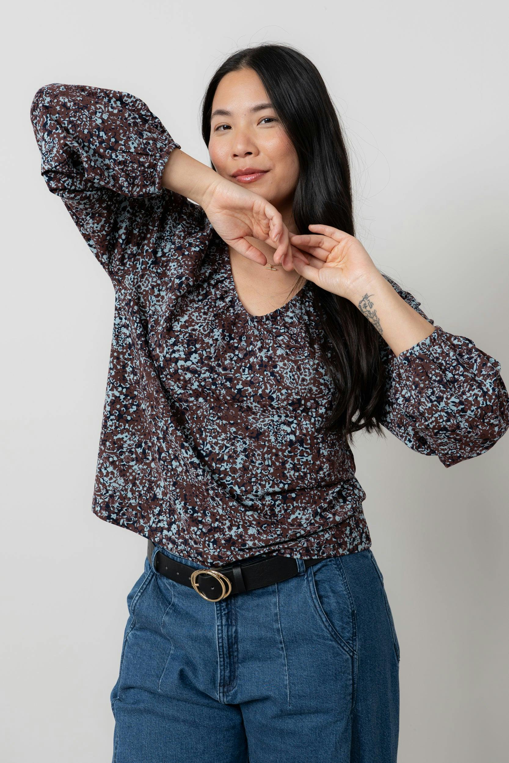 Lily & Me Aspen Floral Print V-Neck Jersey Top Chocolate - 12 - Chocolate