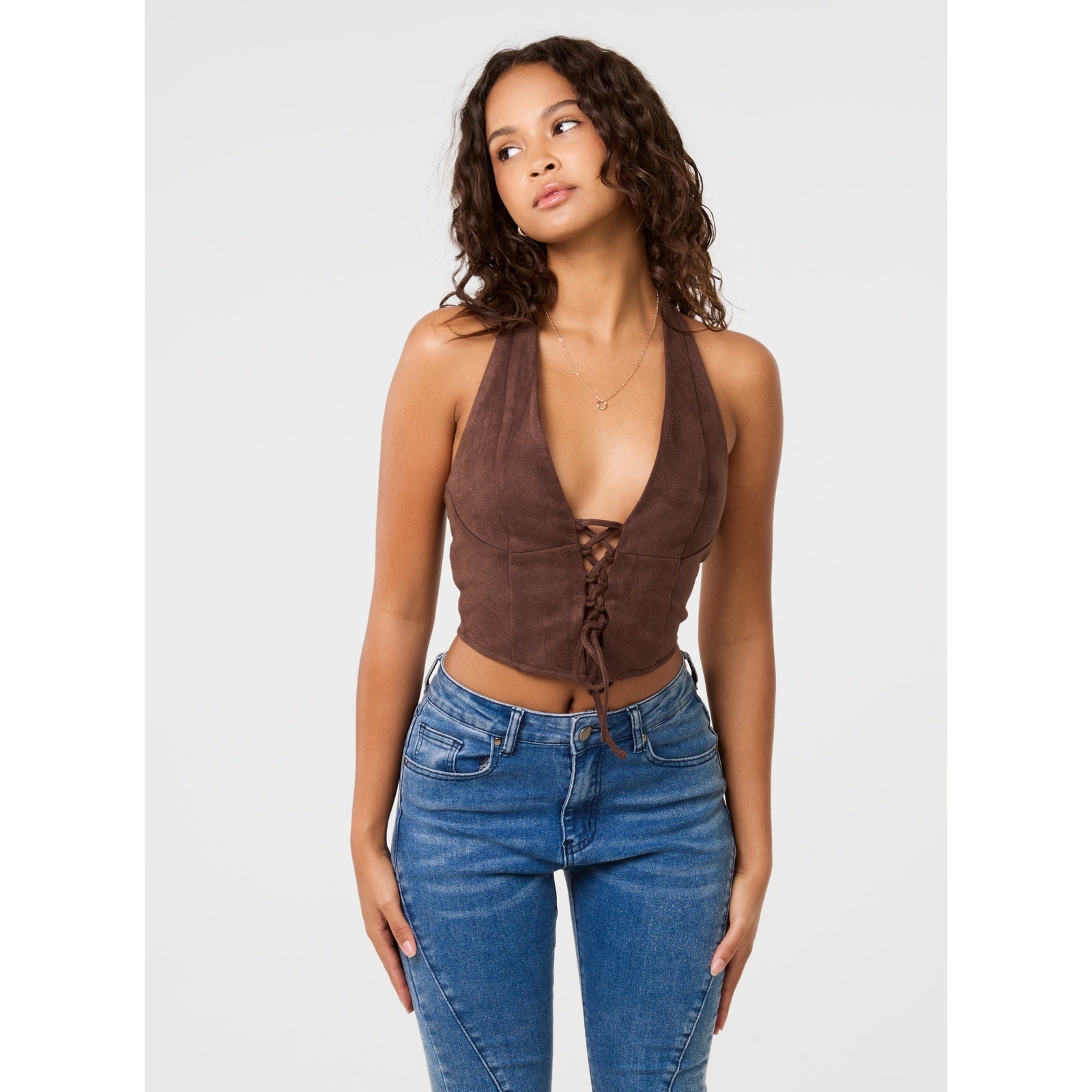 Pink Vanilla Pink/Brown Vanilla Suedette Lace Halterneck Top - L