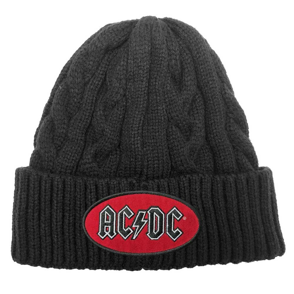 Paradiso Clothing Black Ac/Dc Oval Band Logo Cable Knit Beanie Hat - One Size