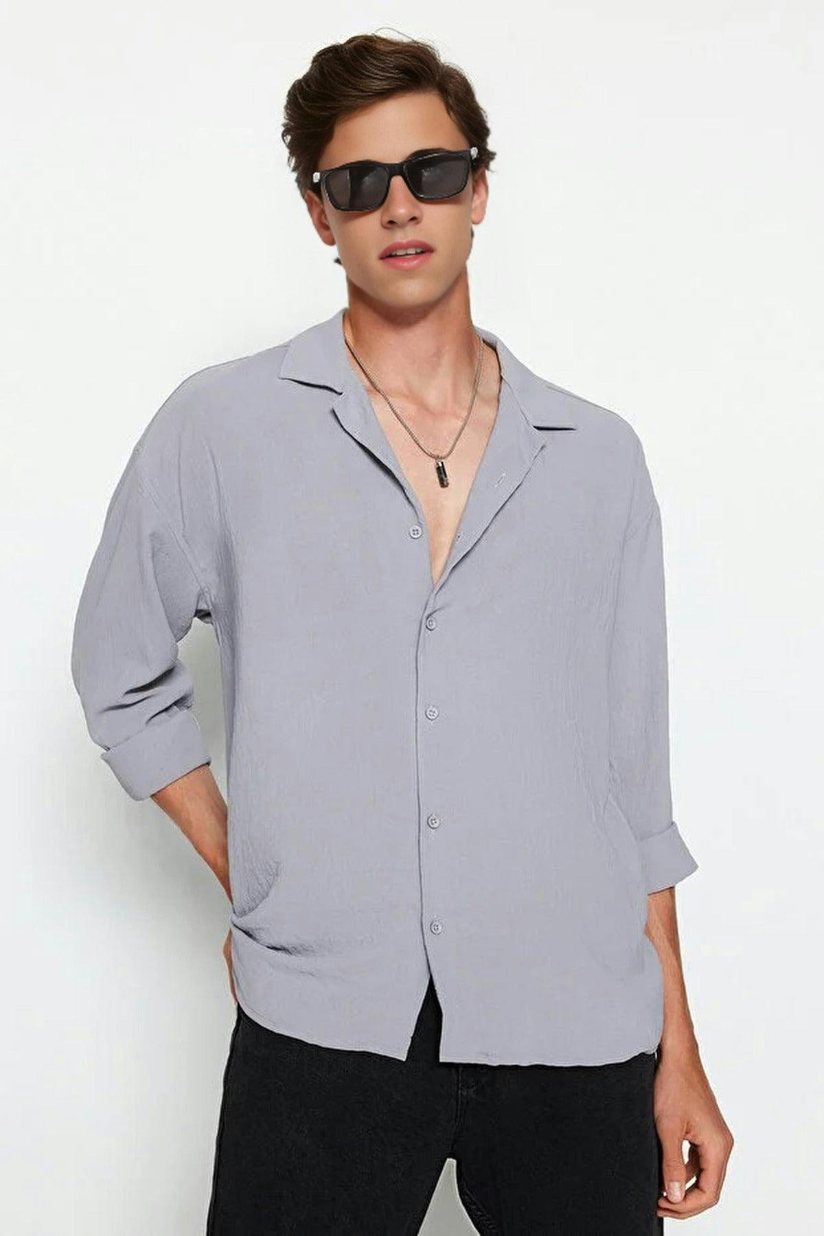 Wovcor Men's Light/Grey Oversize Fit Open Collar Linen Look ’S Shirt - Xs