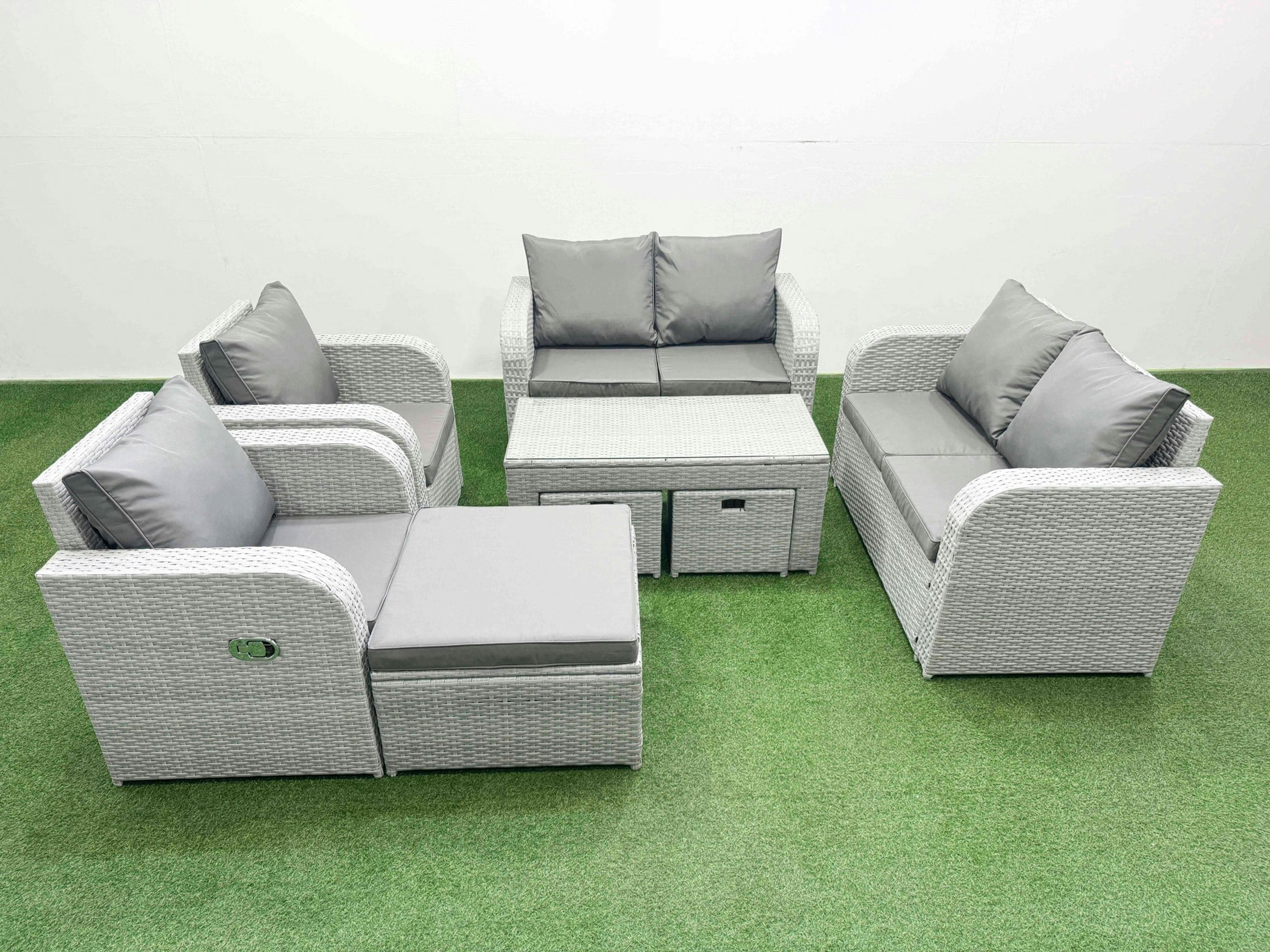 Rackhams Light/Grey 9 Seater Outdoor Reclining Chair Love Sofa Set Rattan Garden Furniture Set With Oblong Coffee Table 3 Stools