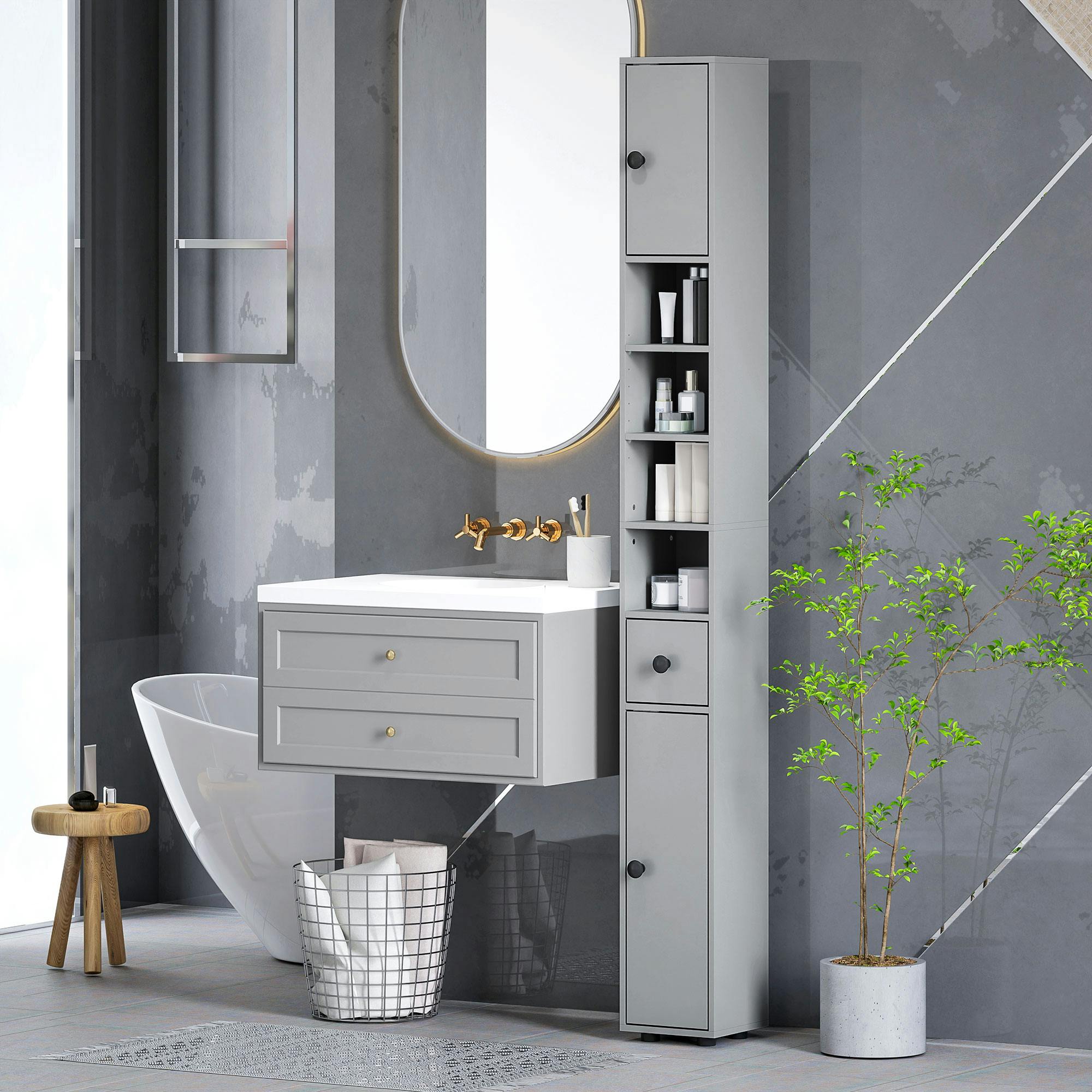 Rackhams Black/Grey Slim Bathroom Cabinet, Toilet Roll Storage W/ Open Shelves, - Bathroom Cabinet - Particle Board