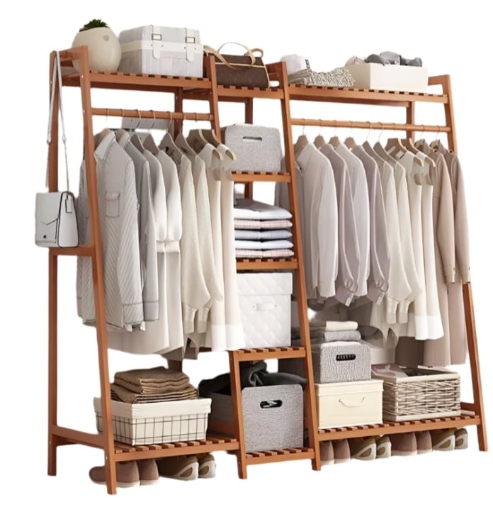 Modcraft Large Wooden Clothes Rail Rack – Heavy Duty Garment Stand Corner Open Wardrobe Shelf Organizer