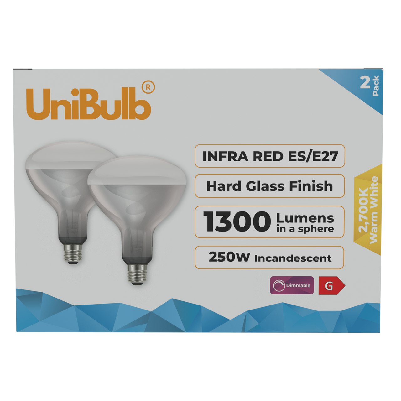 Rackhams Red Infra- Heater Lamp Bulb E27 1300Lm 250W 2700K - Pack Of 2