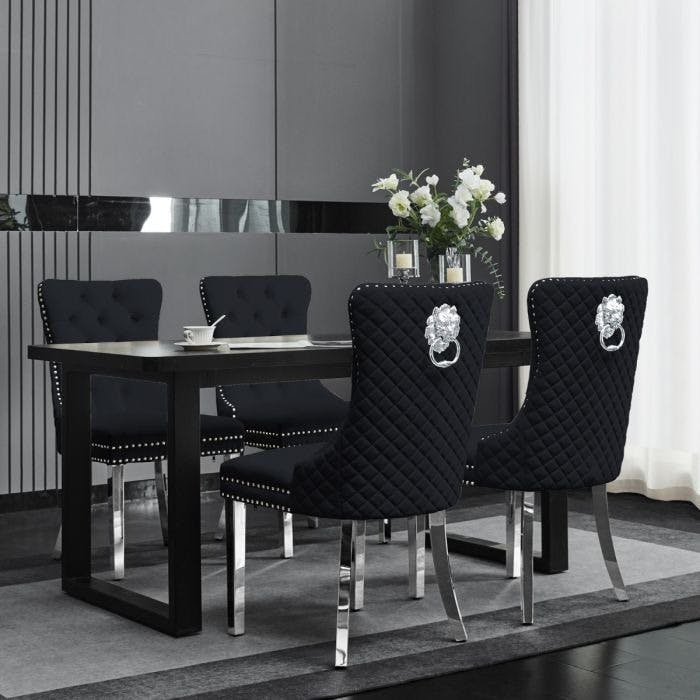 Rackhams Black Set Of 2 Plush Velvet Dining Chairs With Lion Head Knocker - 2