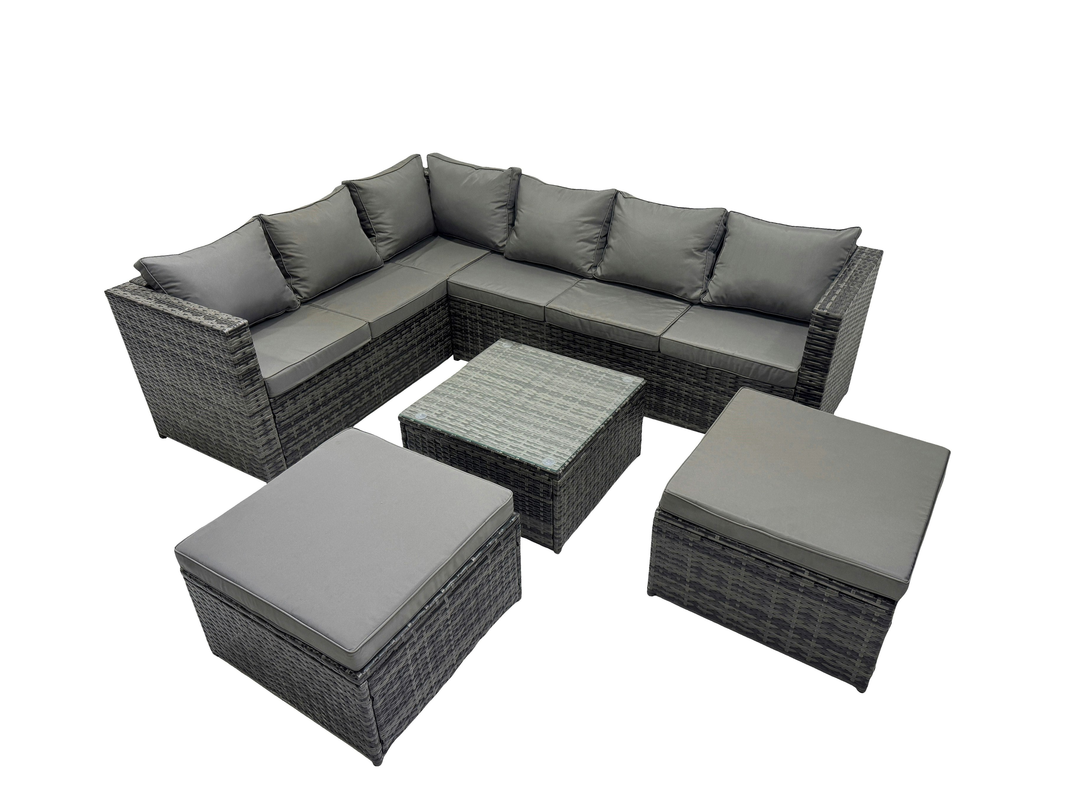 Rackhams Dark/Grey Rattan Garden Furniture Patio Furniture Sets With Corner Sofa Square Coffee Table 2 Big Footstools Mixed
