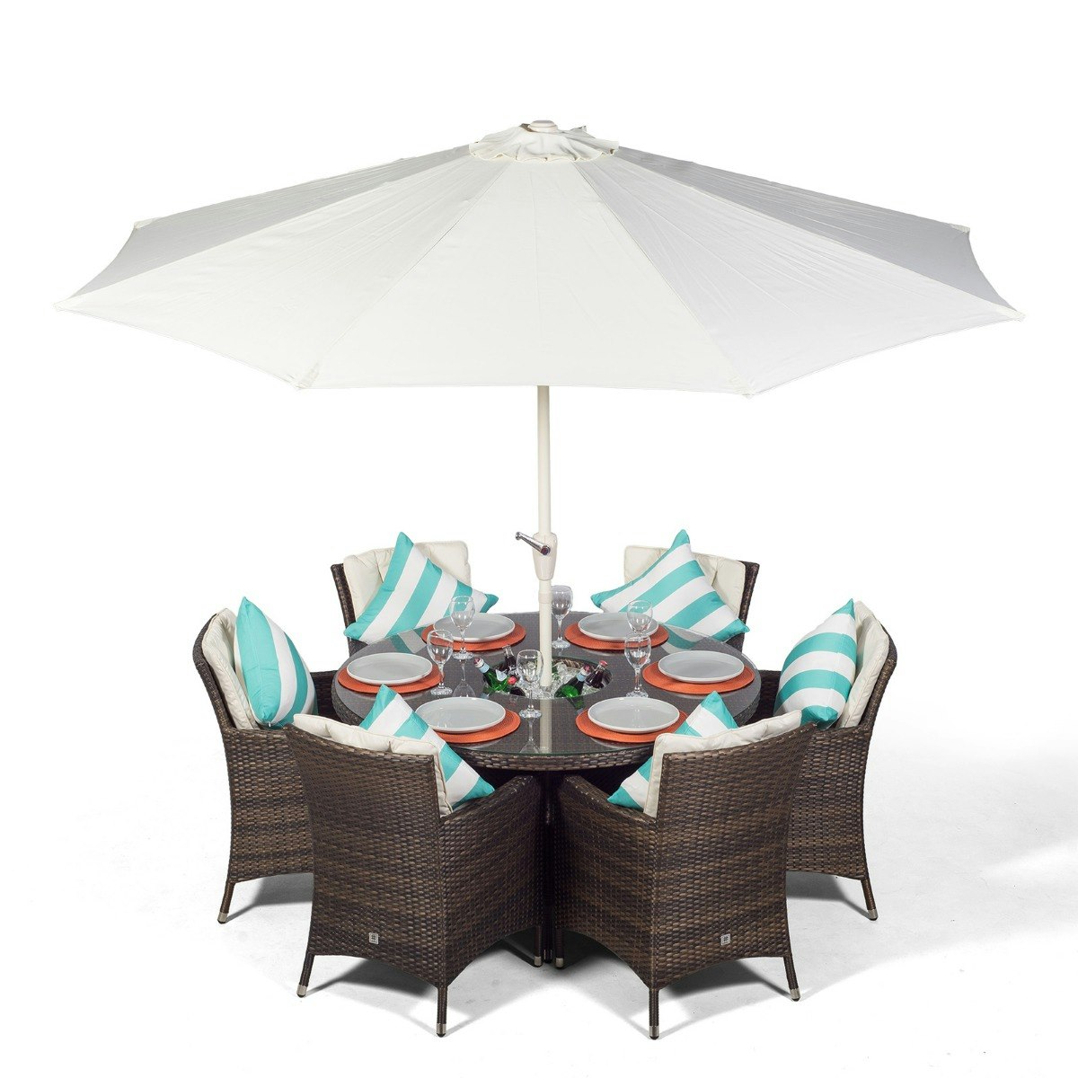 Rackhams Brown/Ivory Savannah Round 6 Seater Patio Dining Set With Ice Bucket Drinks Cooler - 1