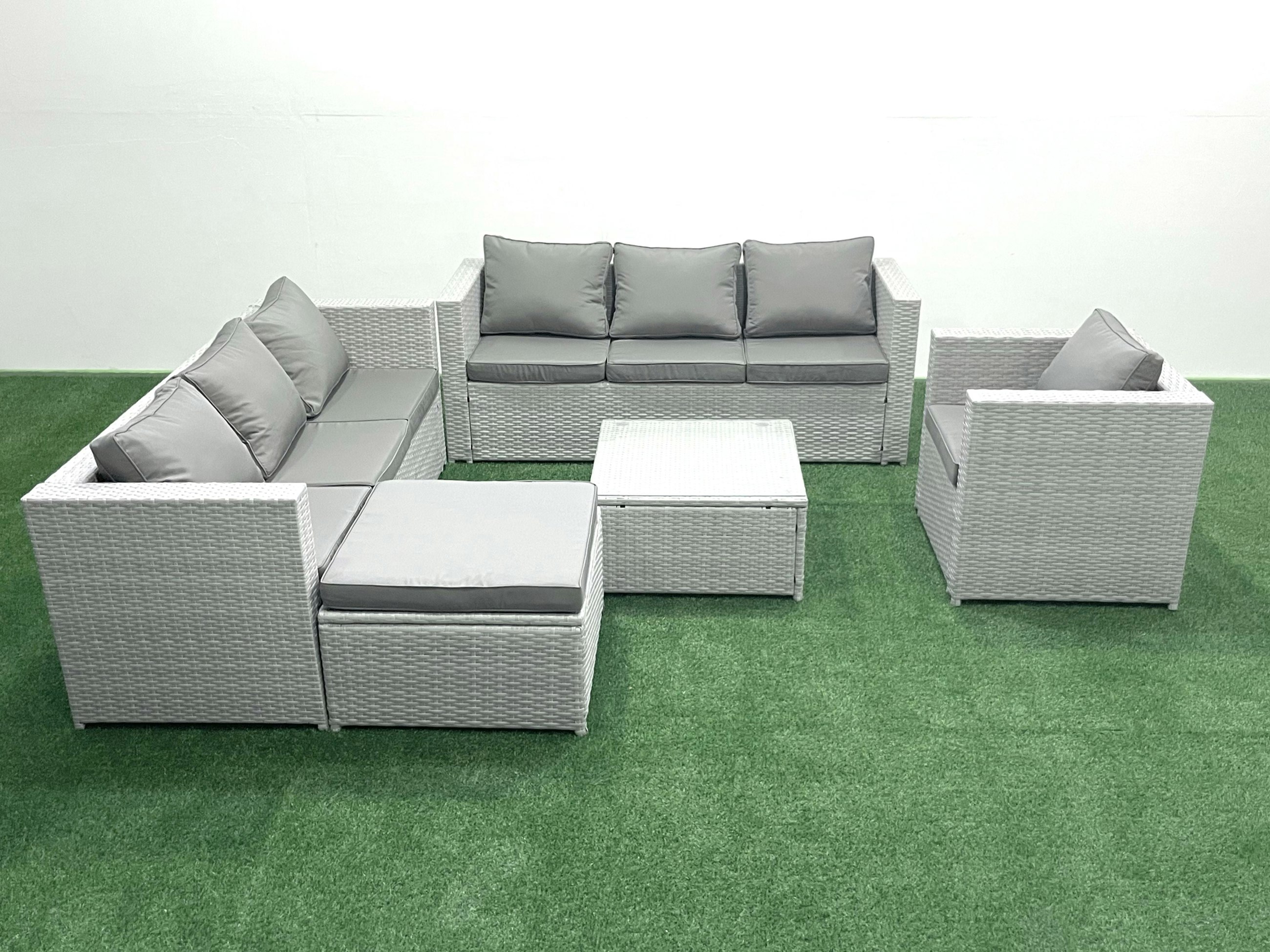 Rackhams Light/Grey Wicker Pe Rattan Sofa Garden Furniture Set With Armchair Square Coffee Table Big Footstool Mixed