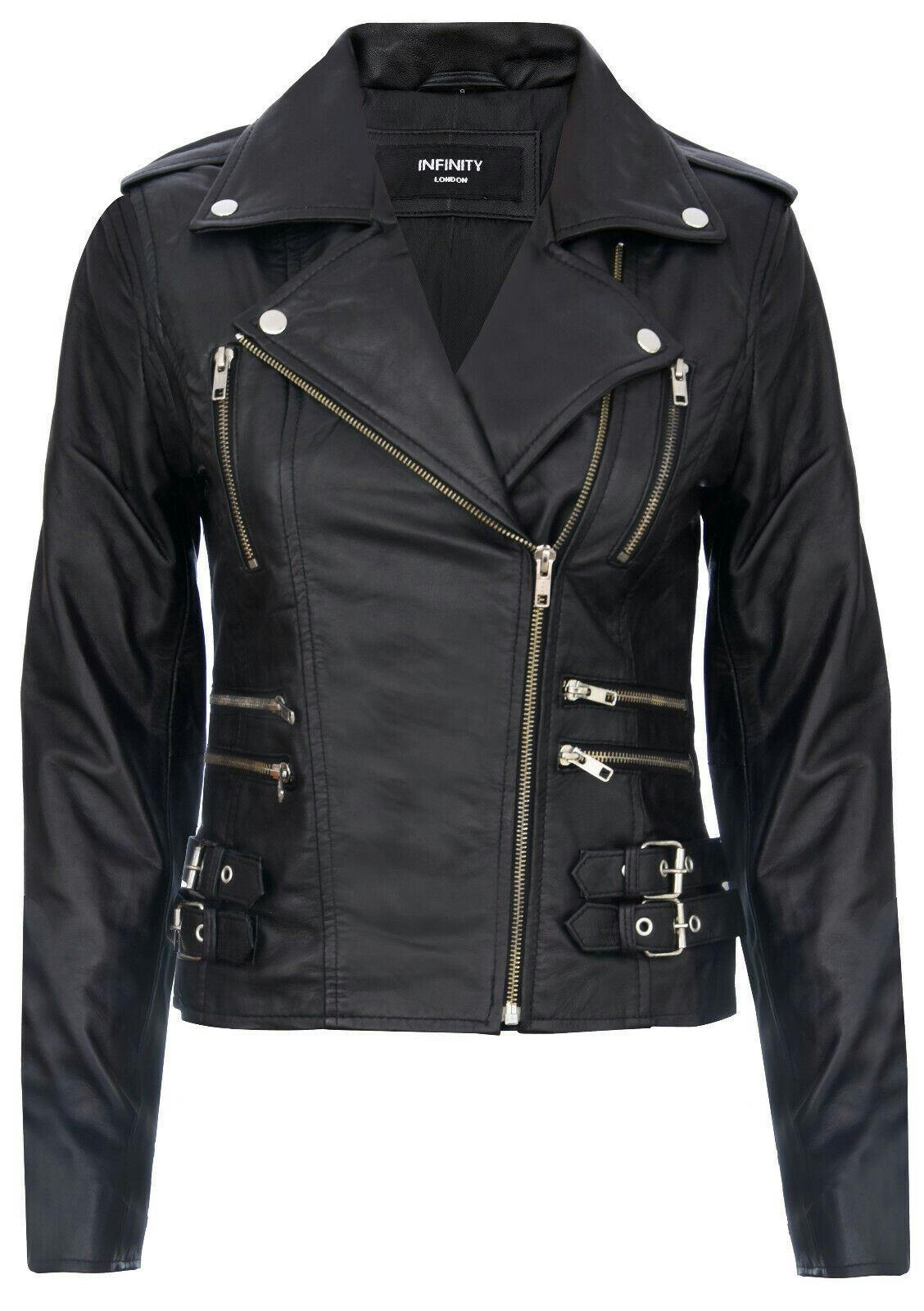 Infinity Leather Women's Black Leather Brando Biker Jacket-Loddon - Uk 2XL/18 | Eu 44 | Us 14