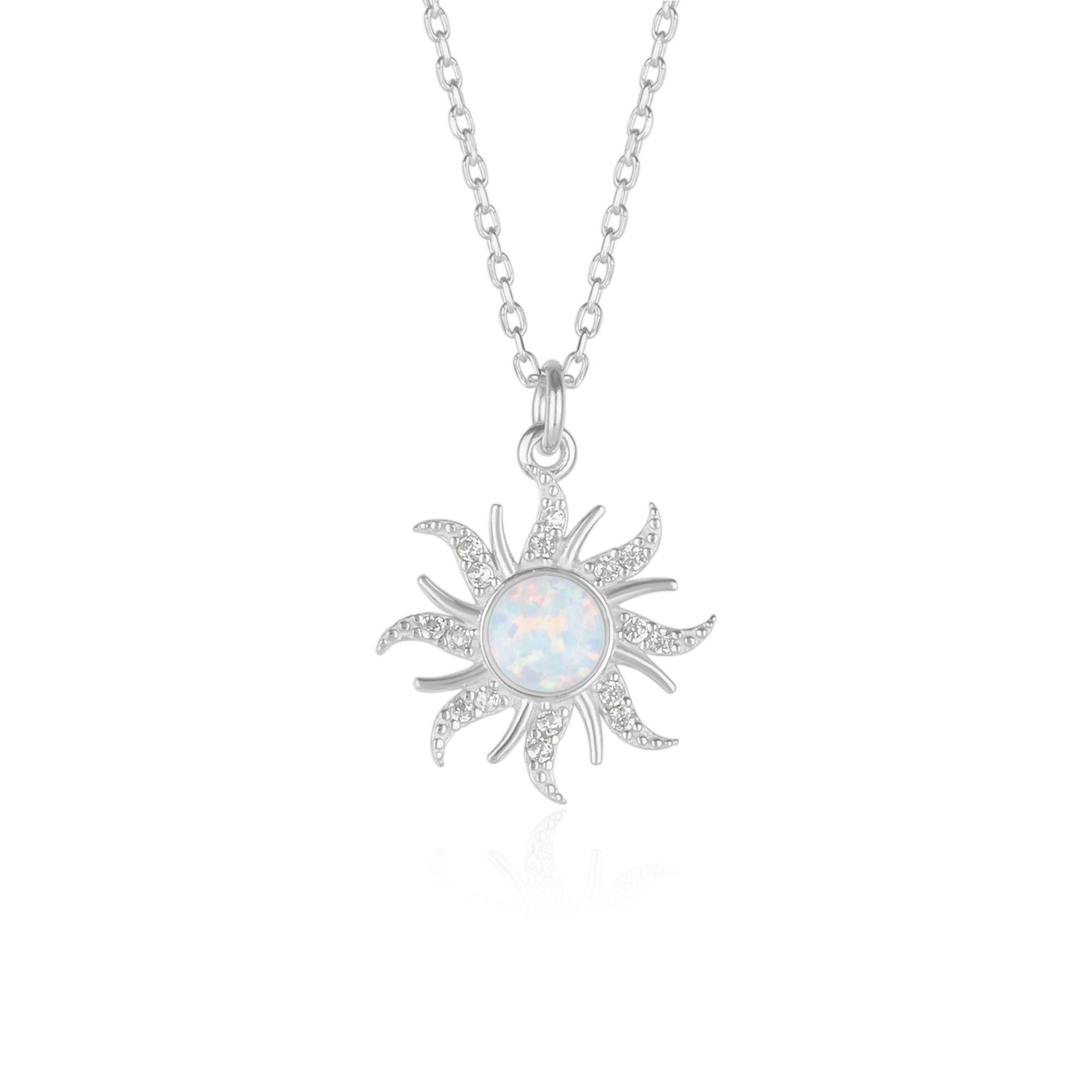 Spero London White/Silver Opal Sun & Sunburst Necklace In Sterling