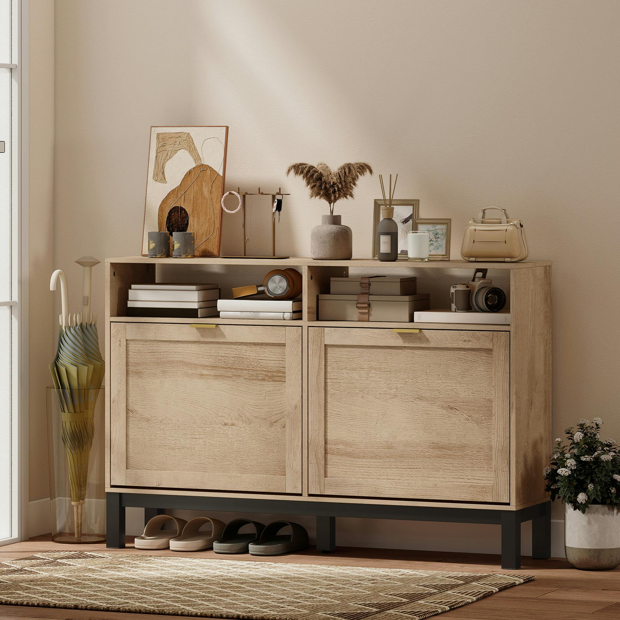 Rackhams Brown Narrow Shoe Cabinet With 2 Flip Drawers, Modern Shoe Storage Cabinet - Walnut