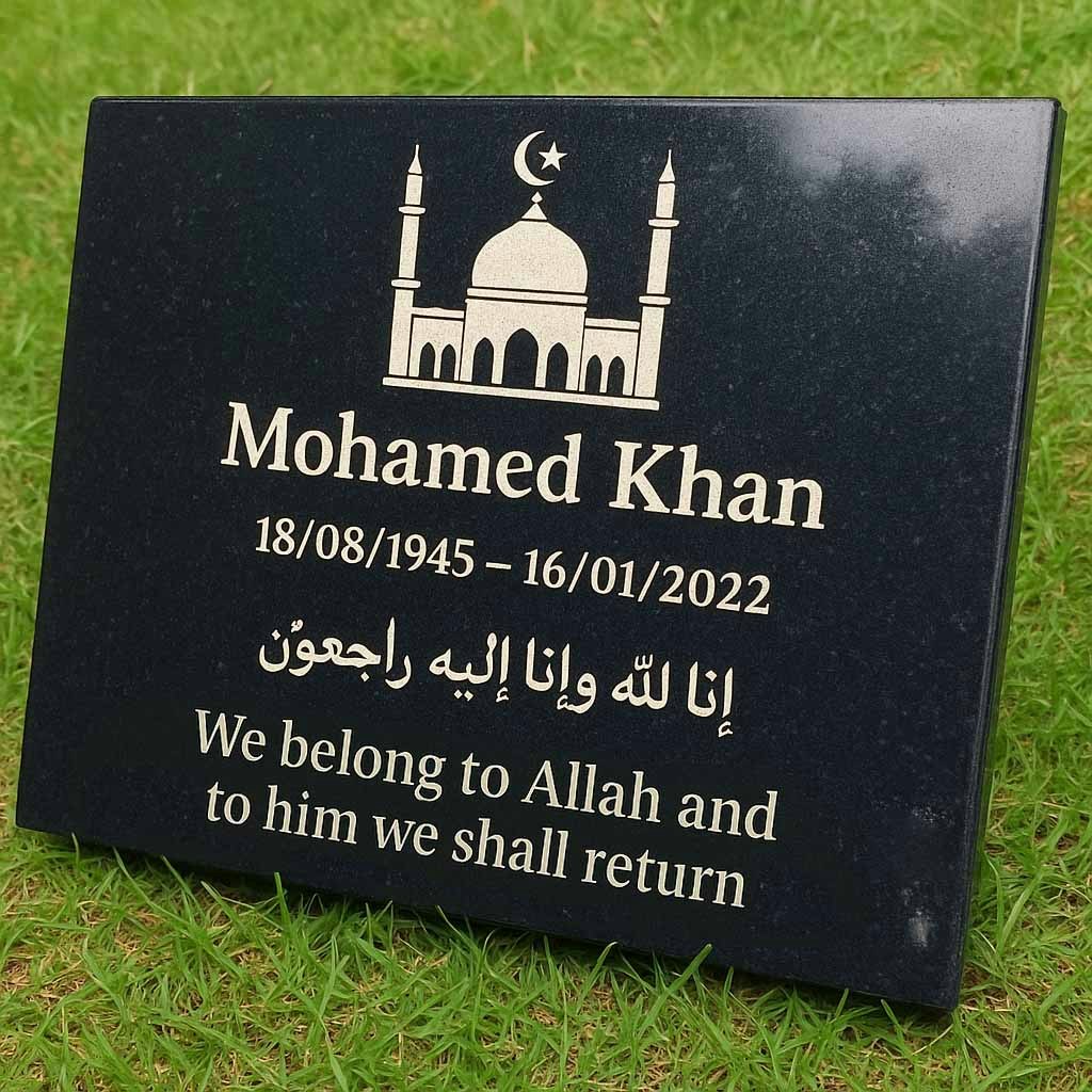 Memorials Direct Gold Personalised Granite Memorial Plaque With Stand - Built To Last Forever Islam - Standard (29X21x1cm)