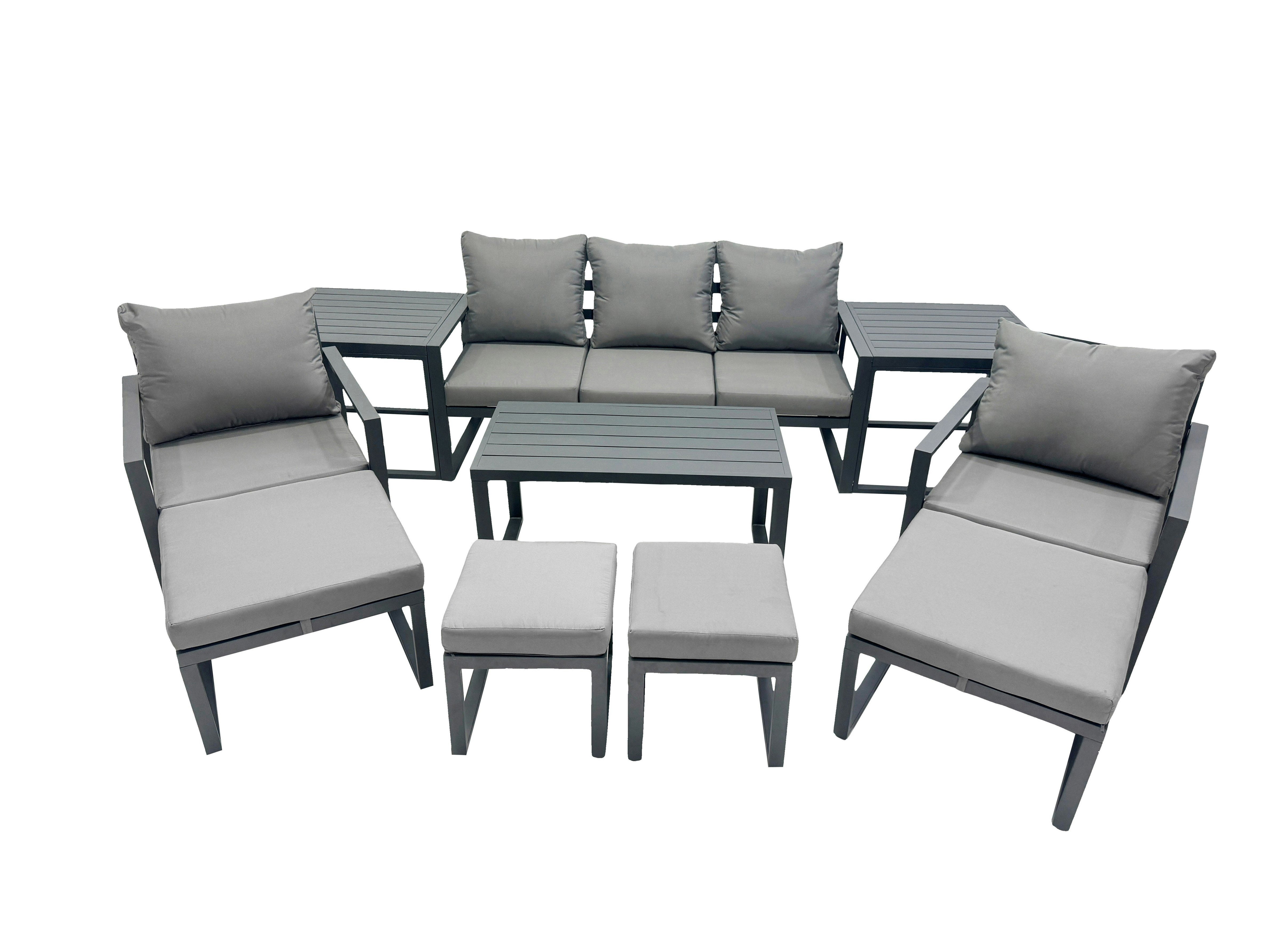 Rackhams Dark/Grey 9 Seat Outdoor Garden Furniture Set Aluminium Lounge 3 Seat Sofa Oblong Coffee Table Sets With Chair 4 Stools