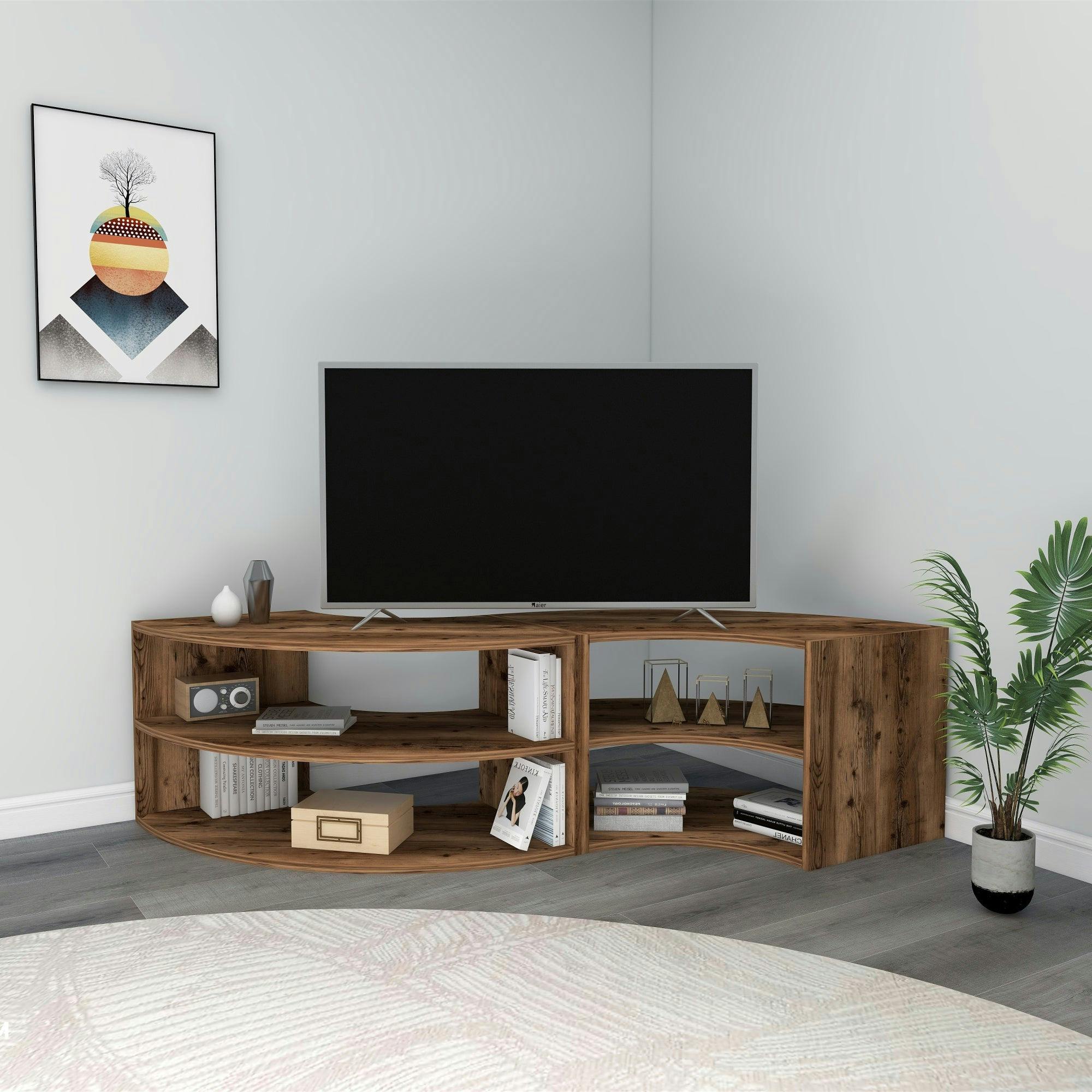 Rackhams Light Melitta Corner Tv Stand With Shelving Unit - Walnut