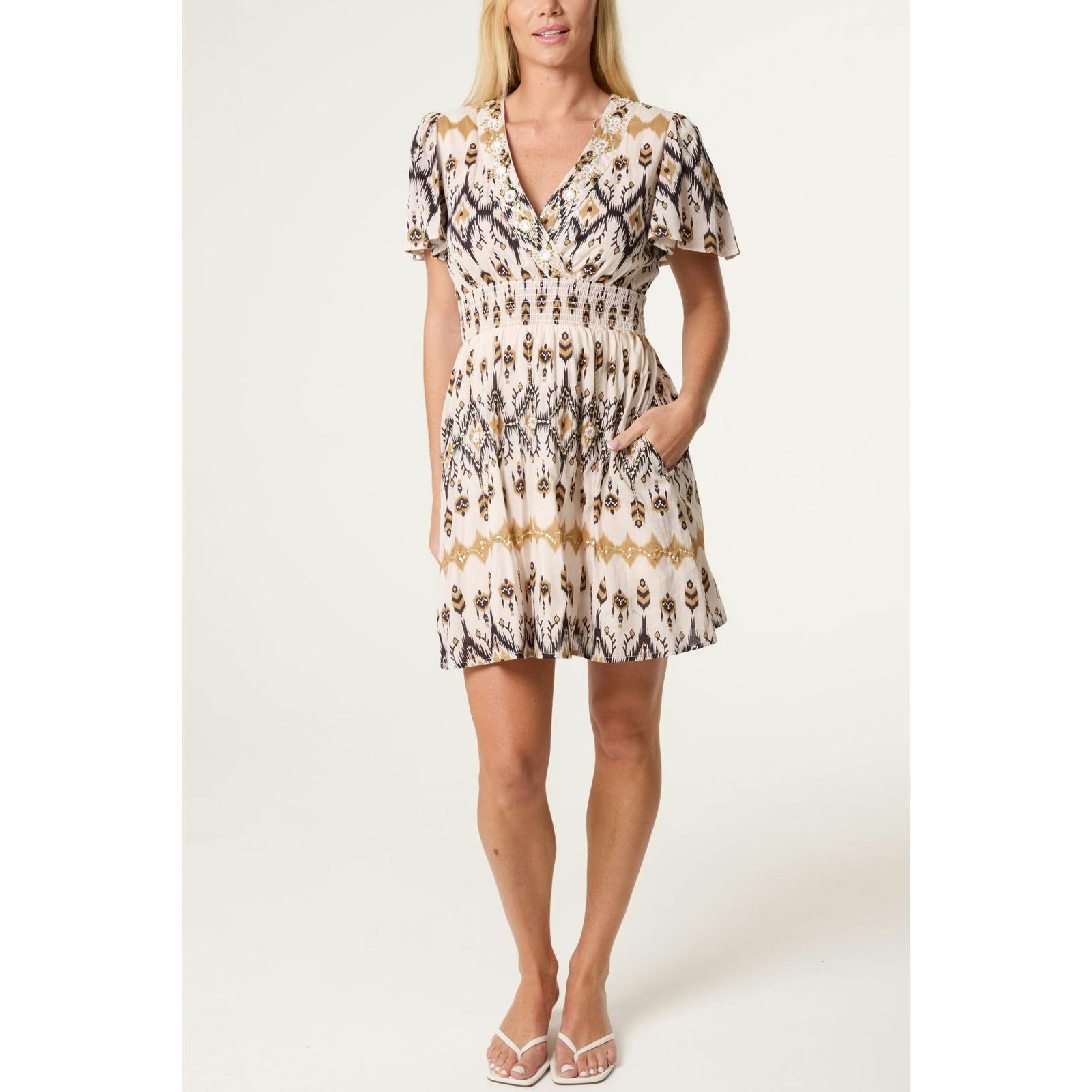 Blue Vanilla Embroidered Wrap Front Mini Dress - S-M - Stone