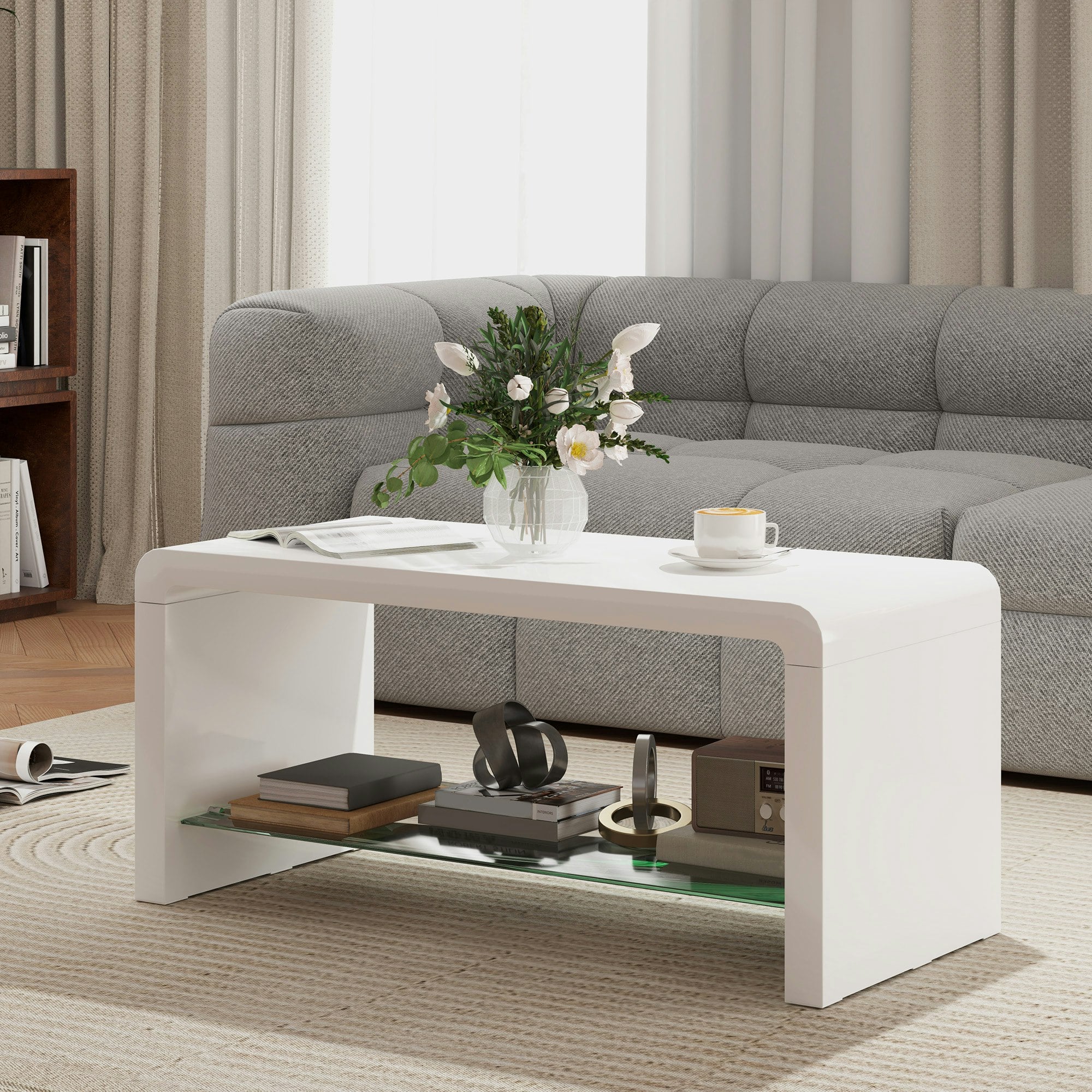 Homcom White High Gloss Storage Coffee Table, Centre Table For Living Room, - High Gloss