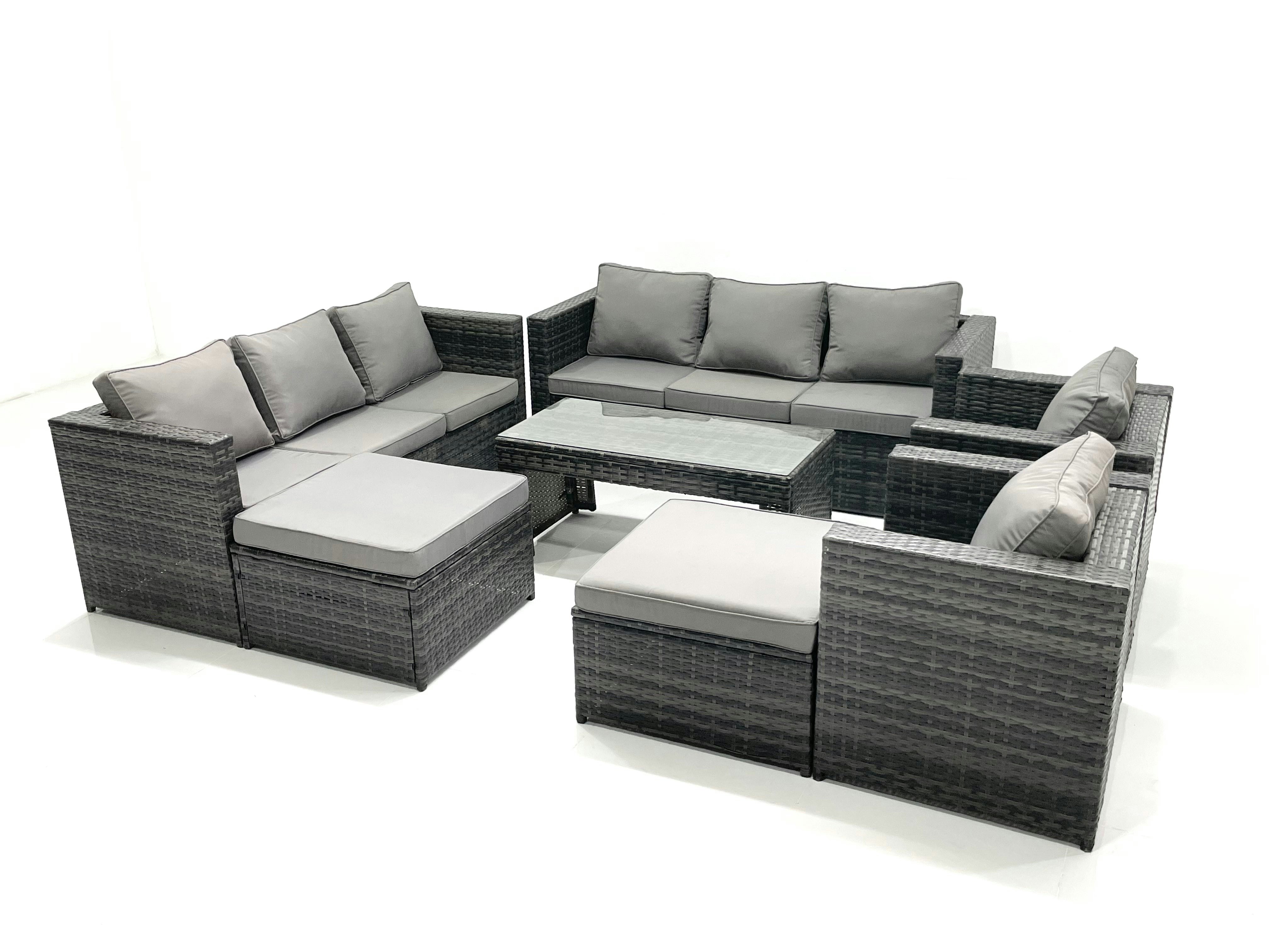Fimous Dark/Grey Rattan Garden Furniture Sofa Set With Coffee Table Armchair 2 Big Footstools Mixed