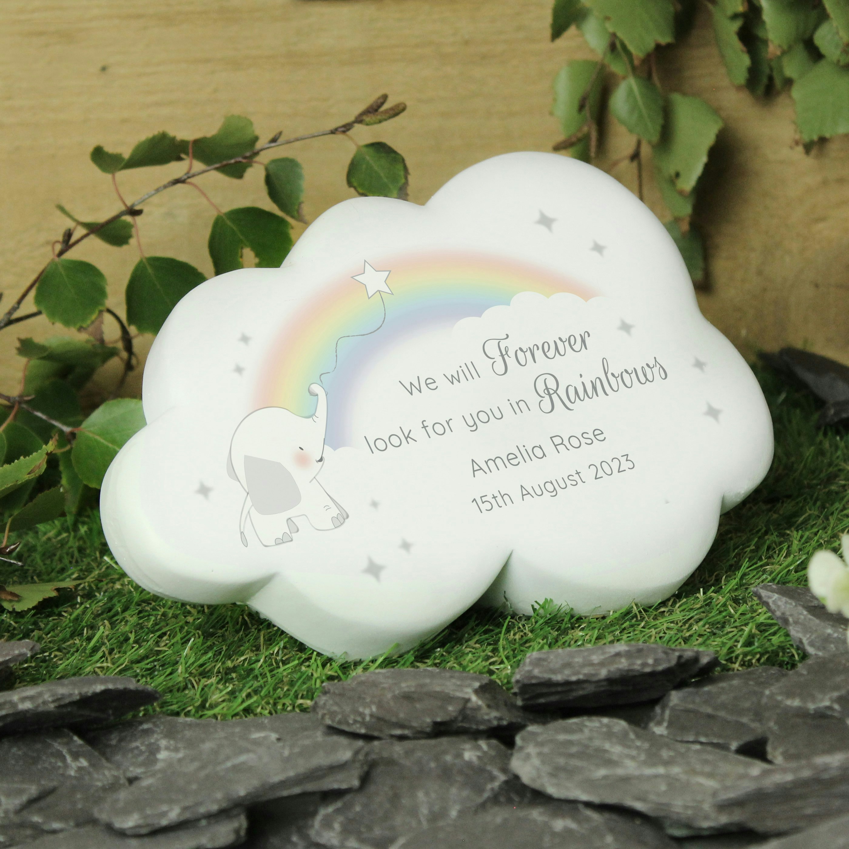 Rackhams Personalised Rainbow Elephant Cloud Memorial Resin Stone